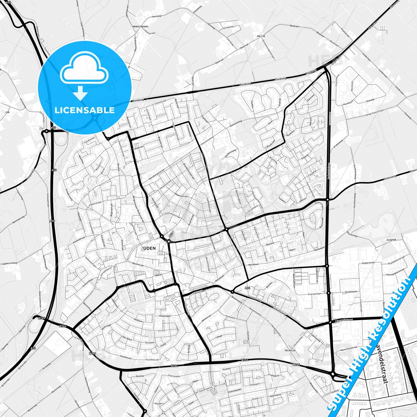 Uden, Netherlands Light Map with Street Names, City Names, and Districts
