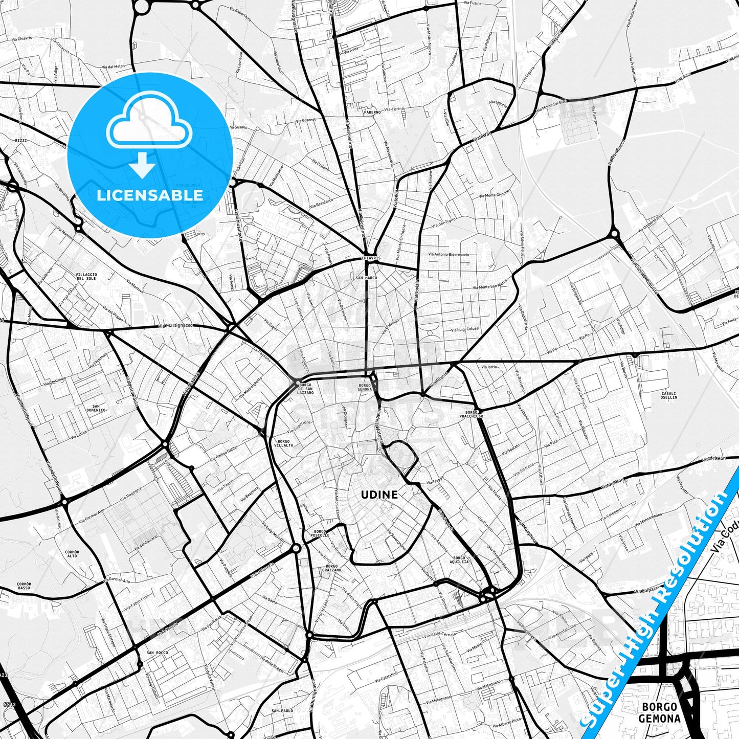 Udine, Italy Light Map with Street Names, City Names, and Districts
