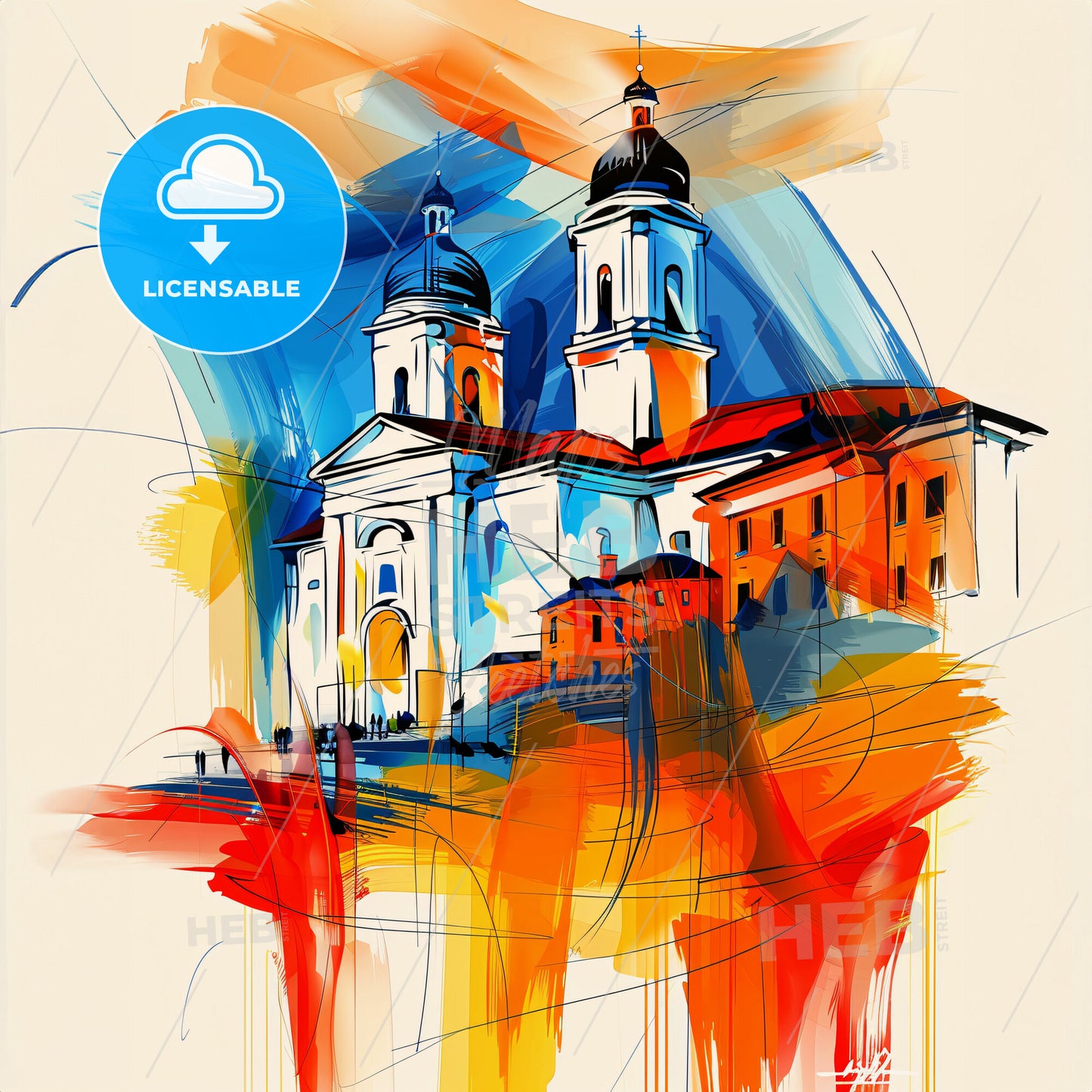 Vibrant Udine, Italy - A Painting Of A Building With A Colorful Background
