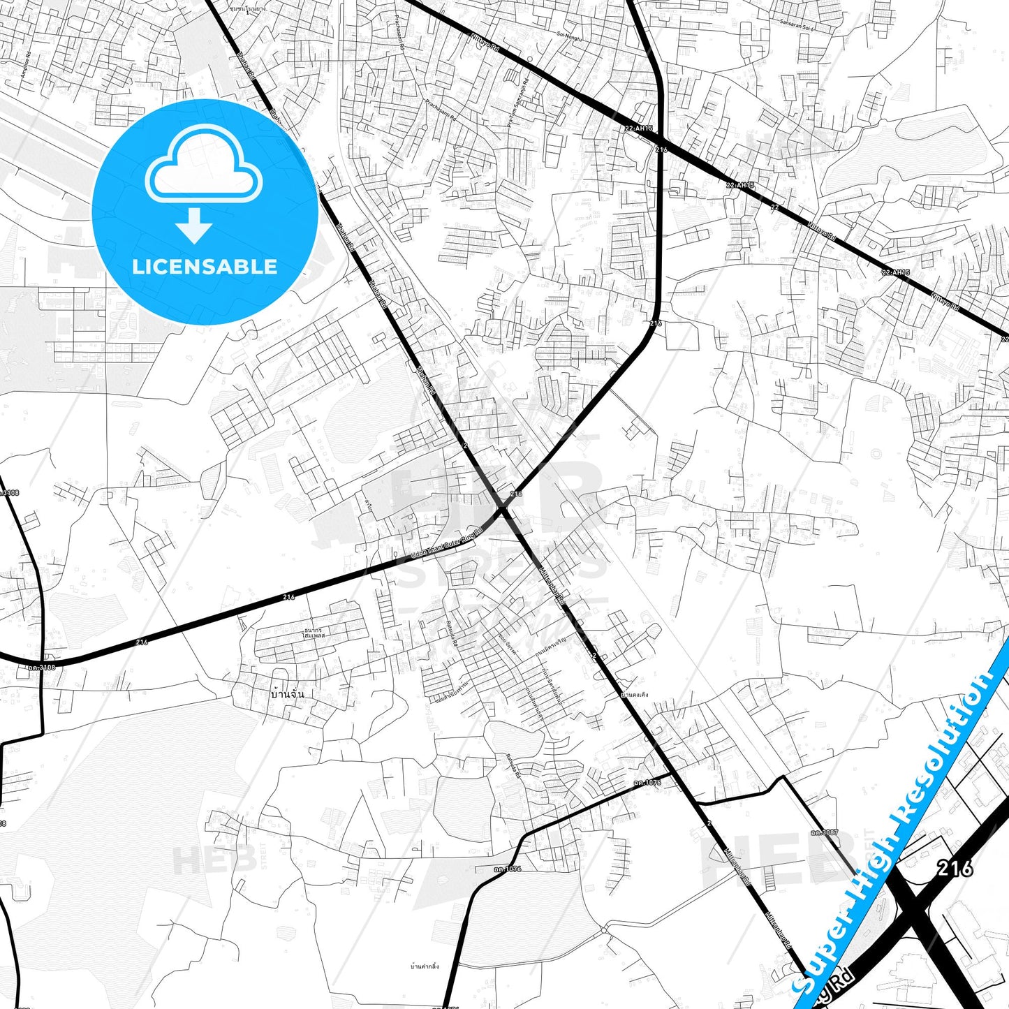 Udon Thani, Thailand Light Map with Street Names, City Names, and Districts