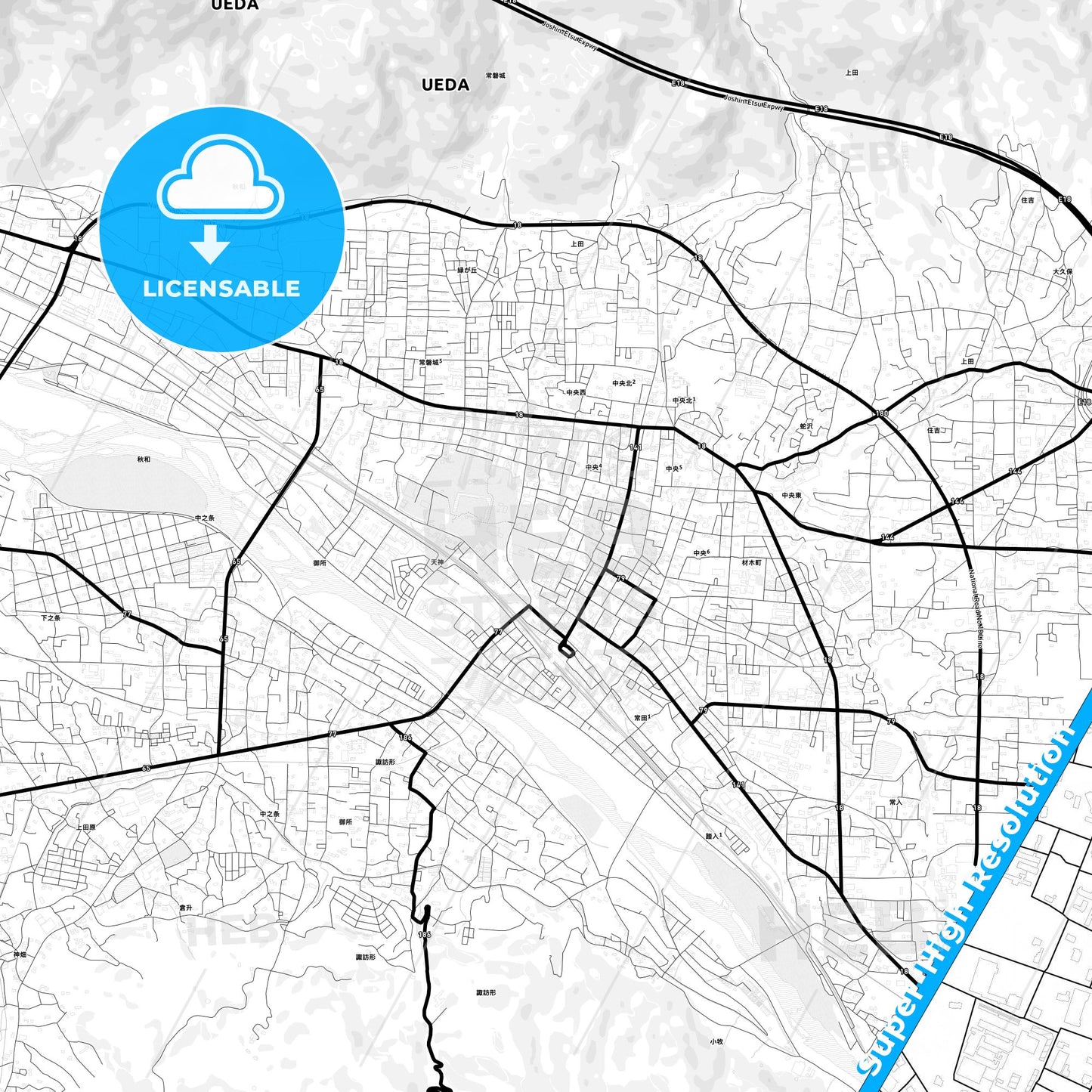 Ueda, Japan Light Map with Street Names, City Names, and Districts
