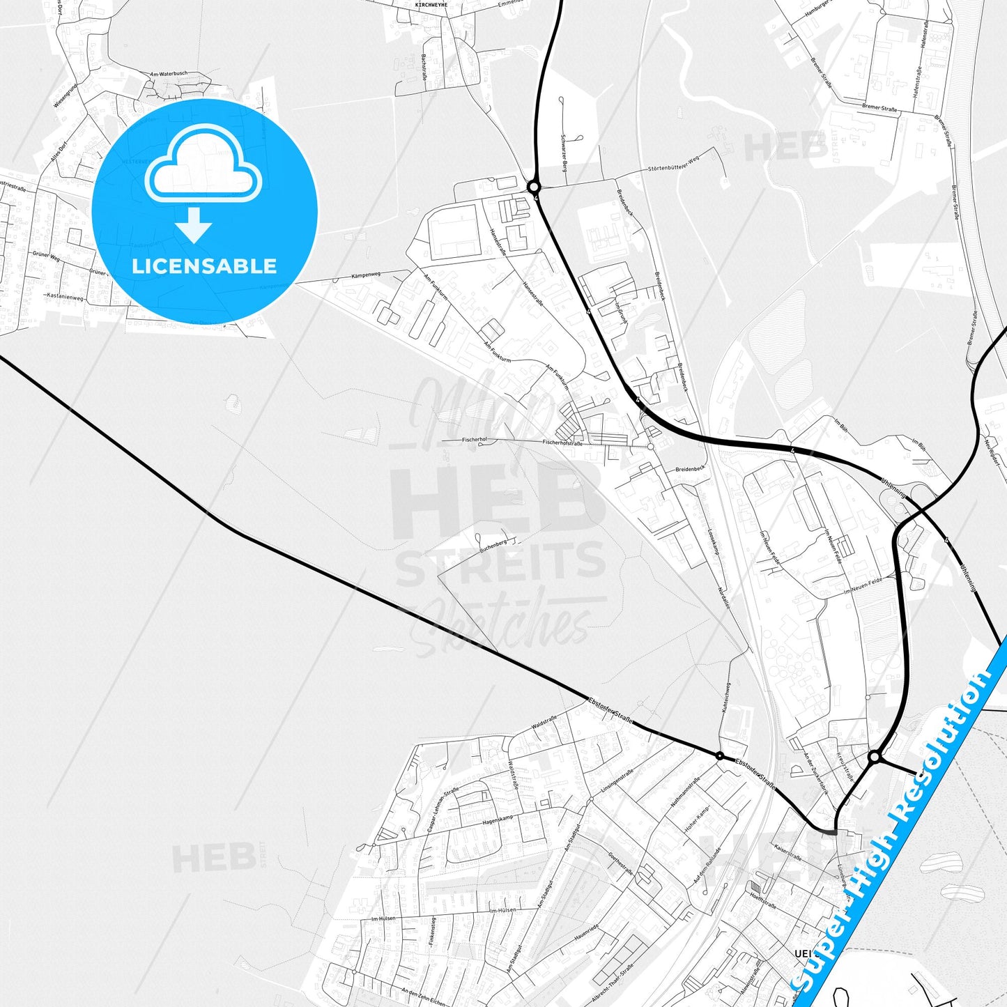 Uelzen, Germany Light Map with Street Names, City Names, and Districts