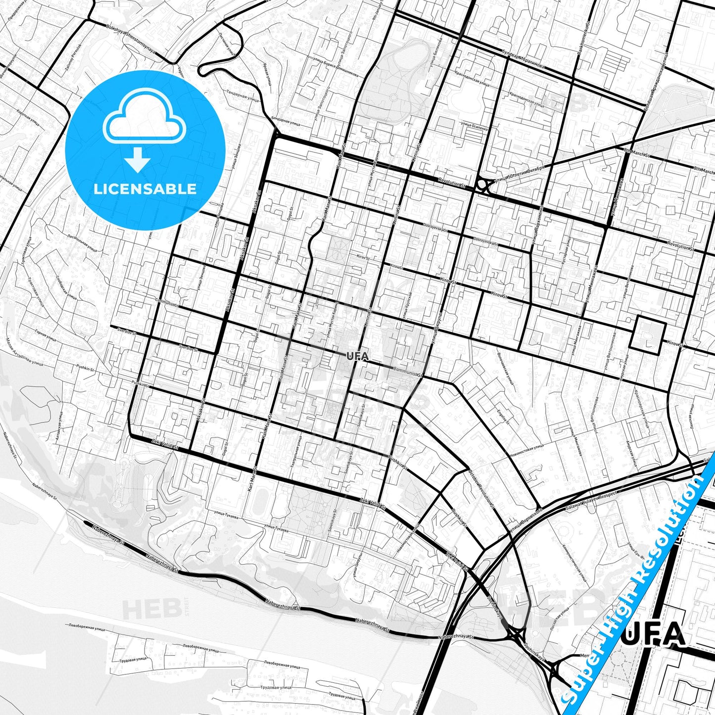 Ufa, Russia Light Map with Street Names, City Names, and Districts