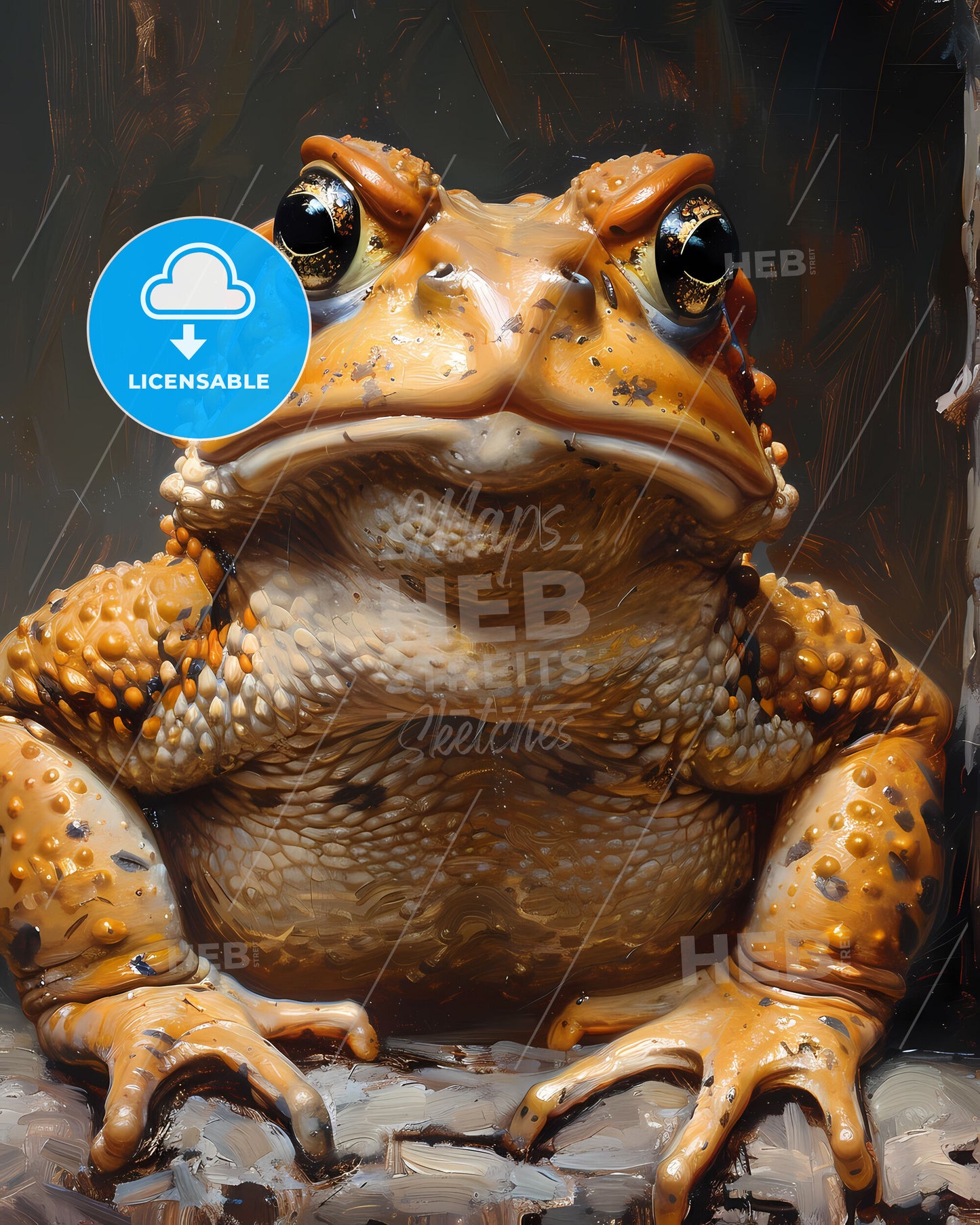 Artistic Frog Painting: Vibrant Close-Up with Toad, Silver Key, and Well