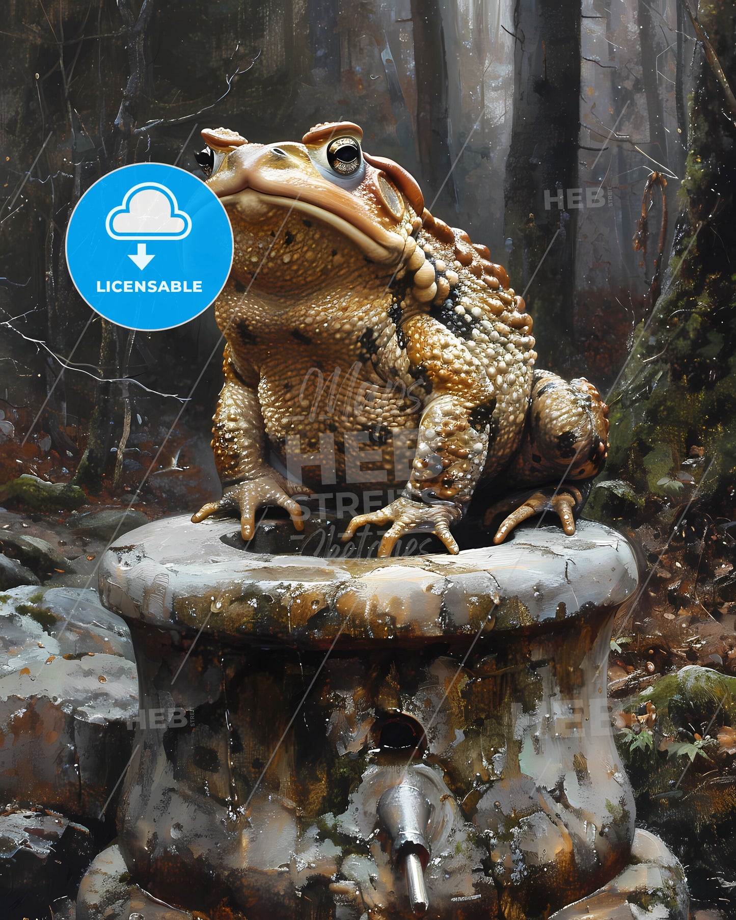 Vibrant Art Painting of an Ugly Toad with Silver Key and Well