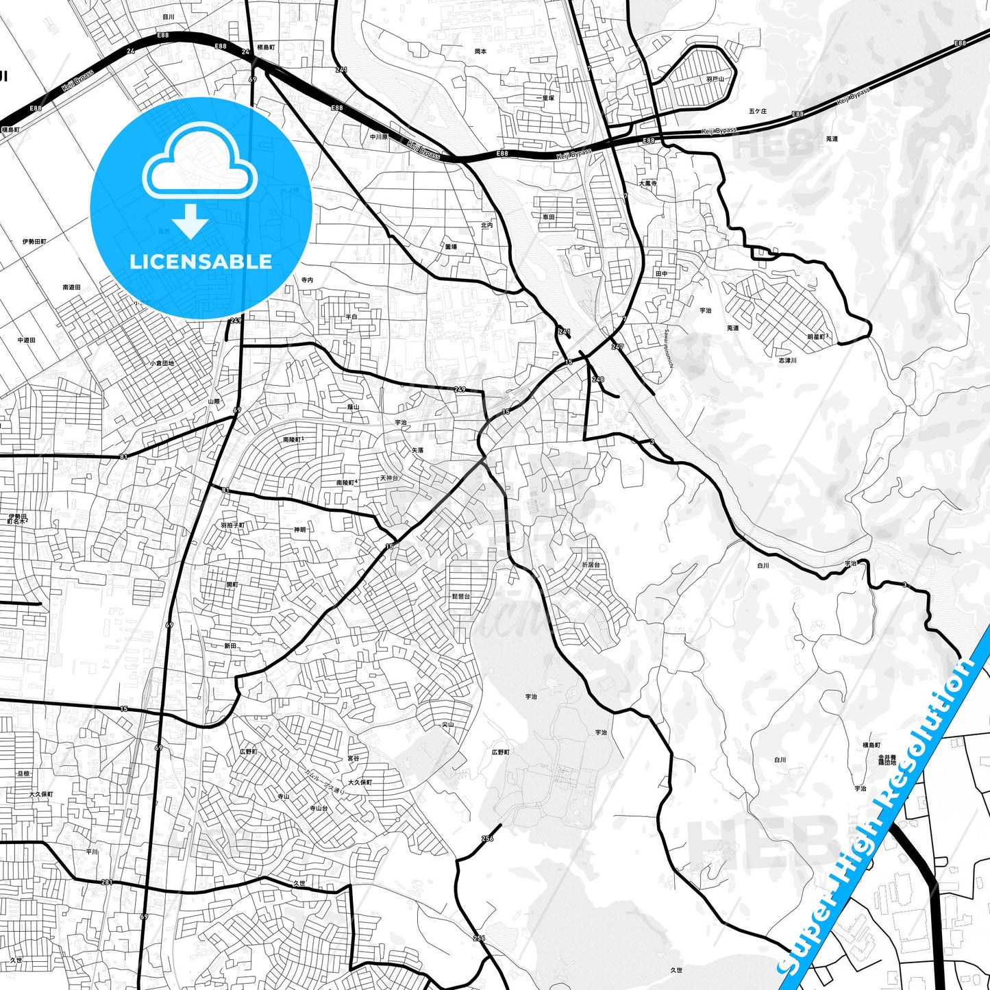 Uji, Japan Light Map with Street Names, City Names, and Districts