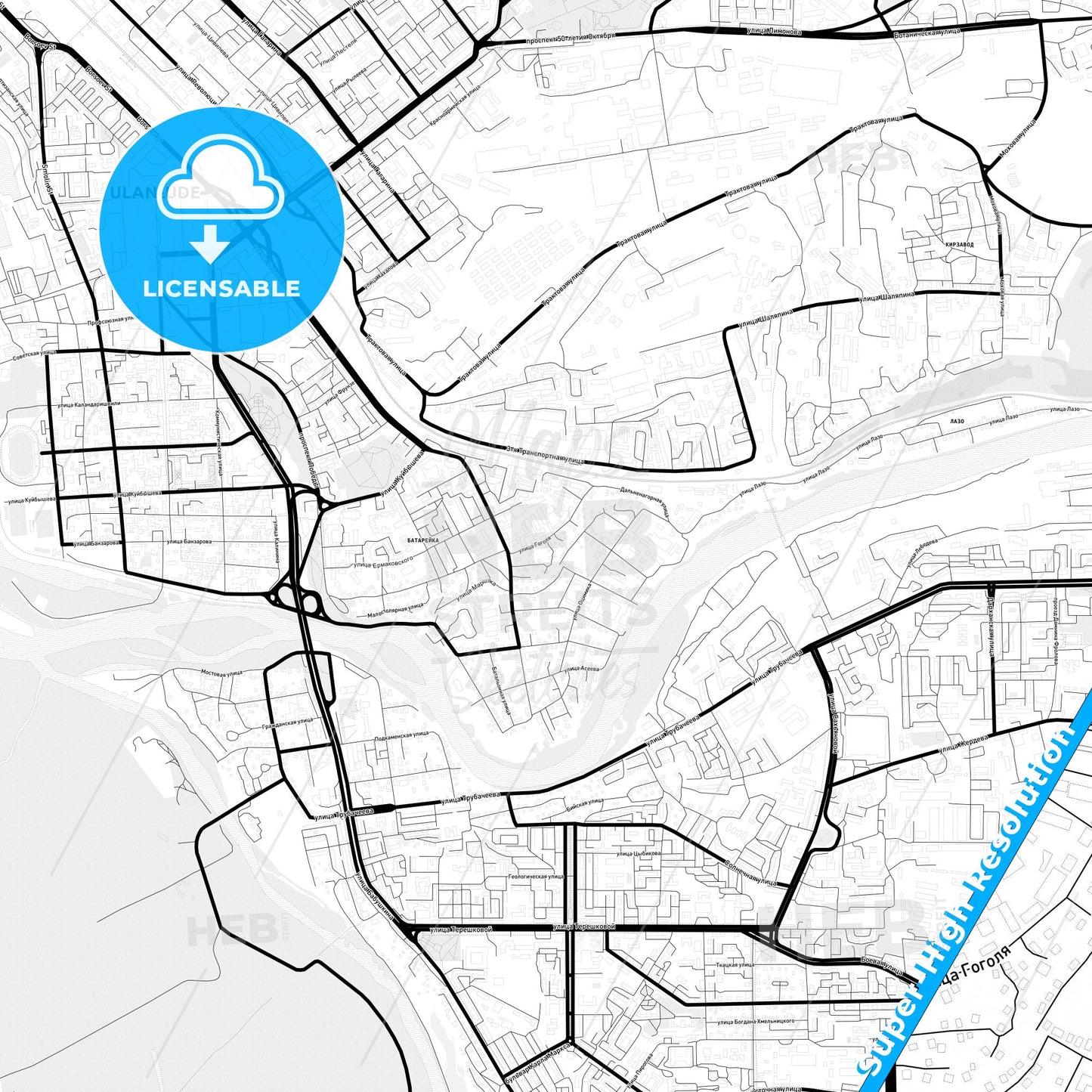 Ulan-Ude, Russia Light Map with Street Names, City Names, and Districts