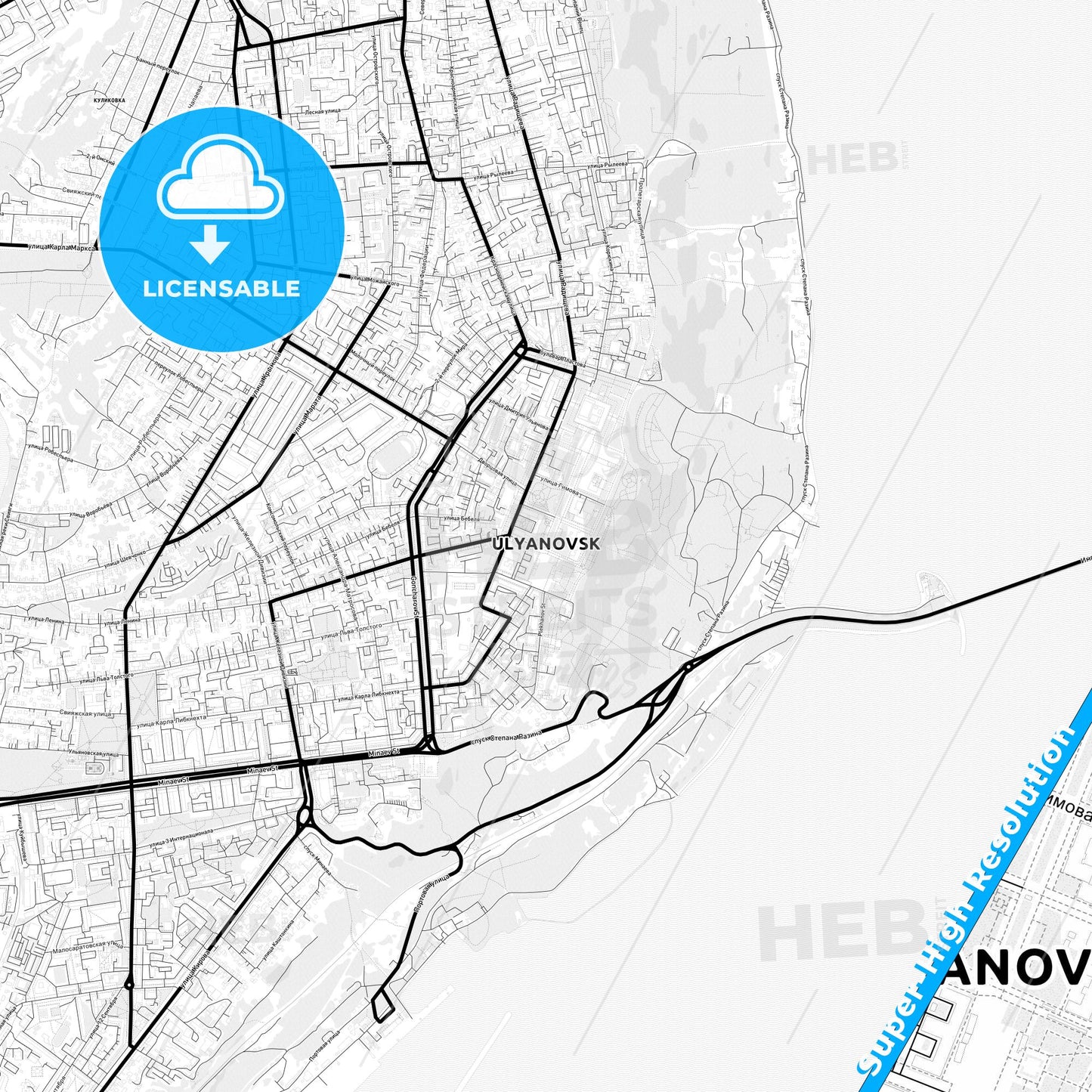 Ulyanovsk, Russia Light Map with Street Names, City Names, and Districts