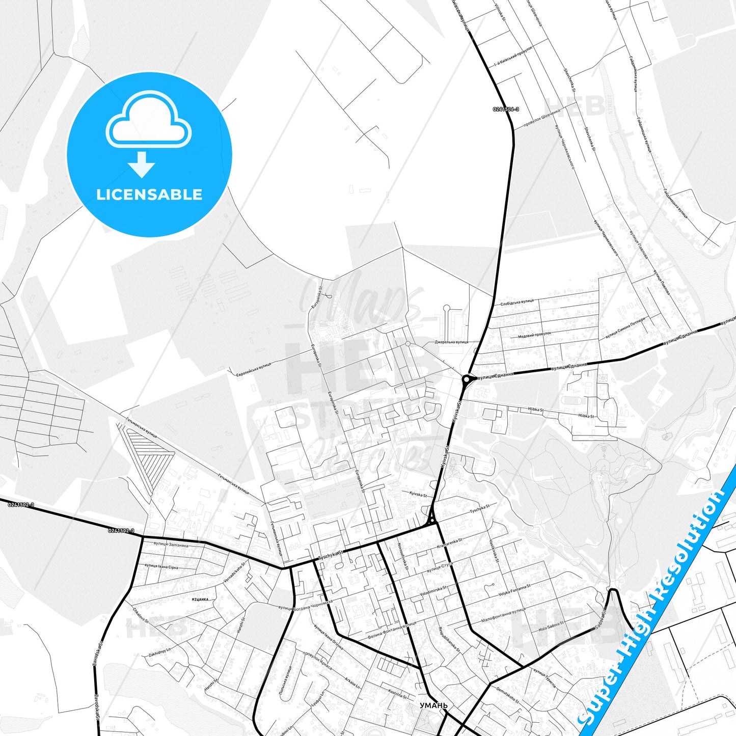 Uman, Ukraine Light Map with Street Names, City Names, and Districts