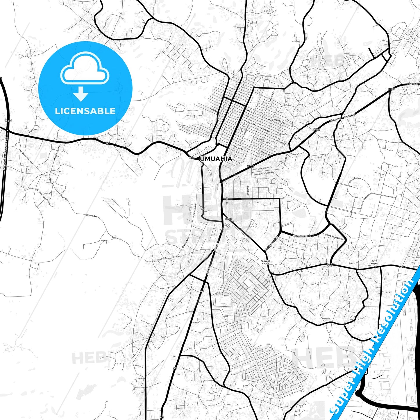 Umuahia, Nigeria Light Map with Street Names, City Names, and Districts
