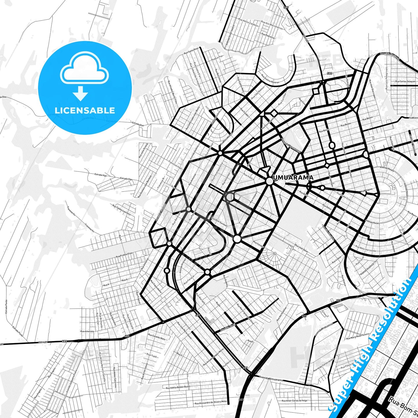 Umuarama, Brazil Light Map with Street Names, City Names, and Districts