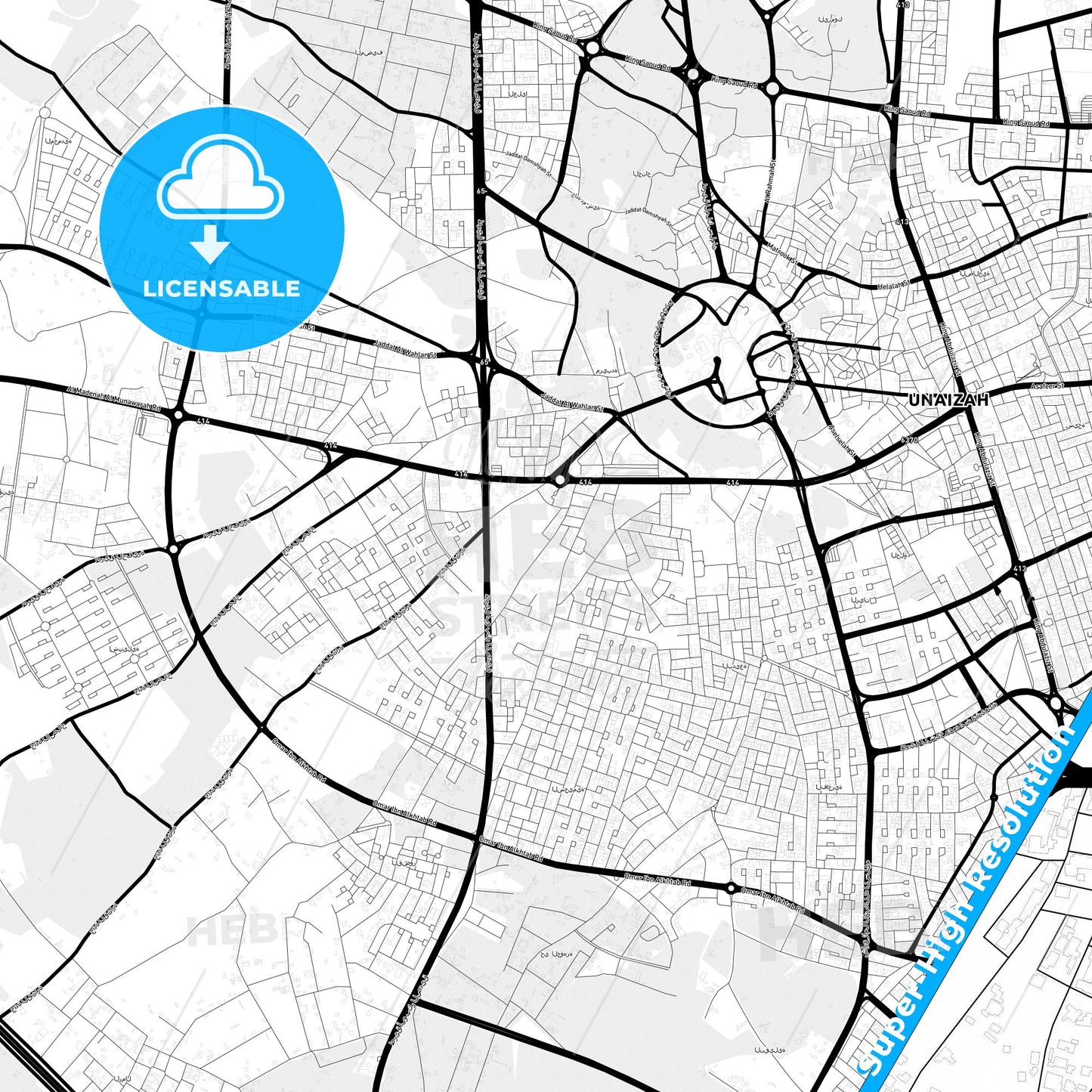 Unaizah, Saudi Arabia Light Map with Street Names, City Names, and Districts
