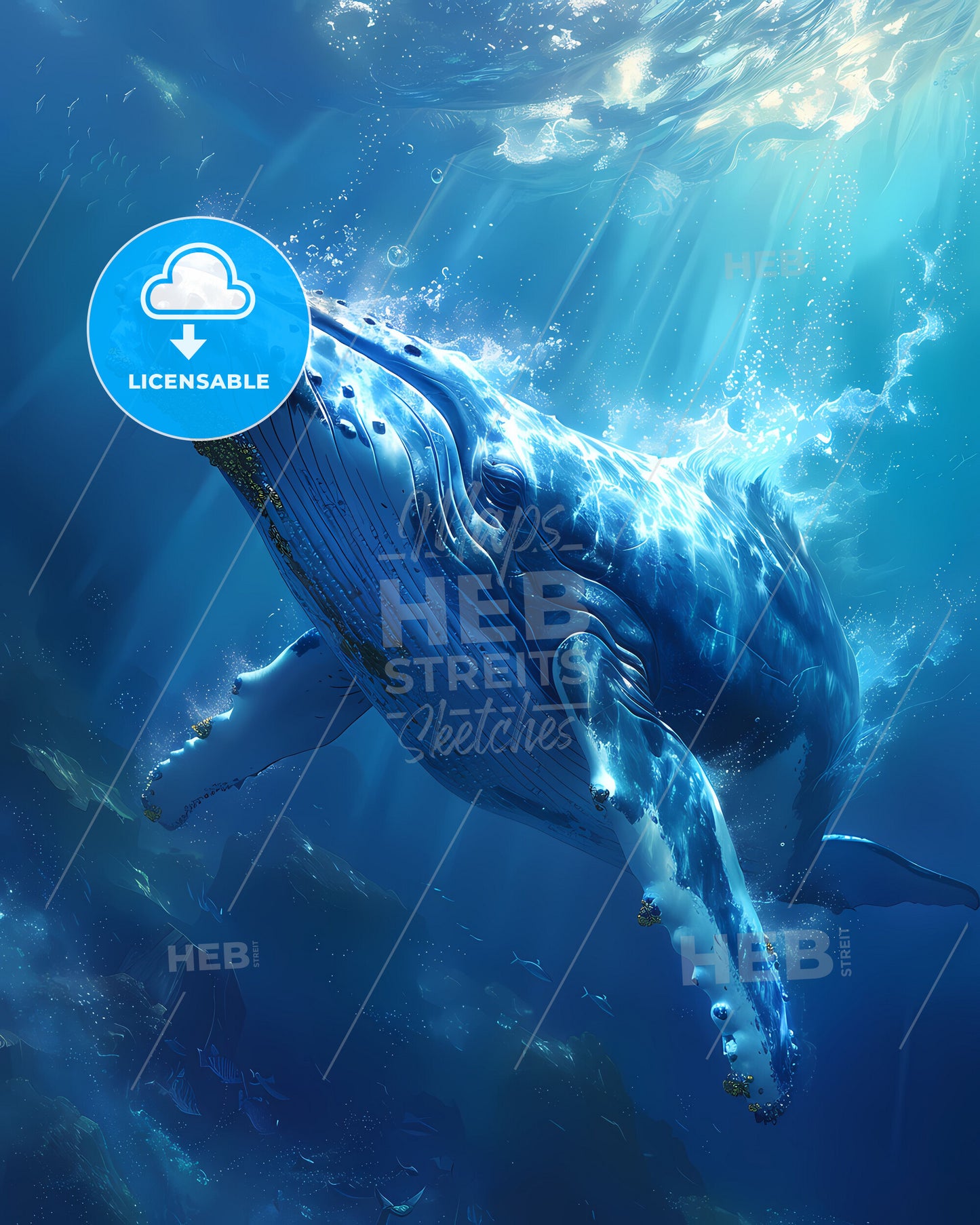 Vivid Underwater Masterpiece: Captivating Digital Painting of a Graceful Humpback Whale in Azure Depths