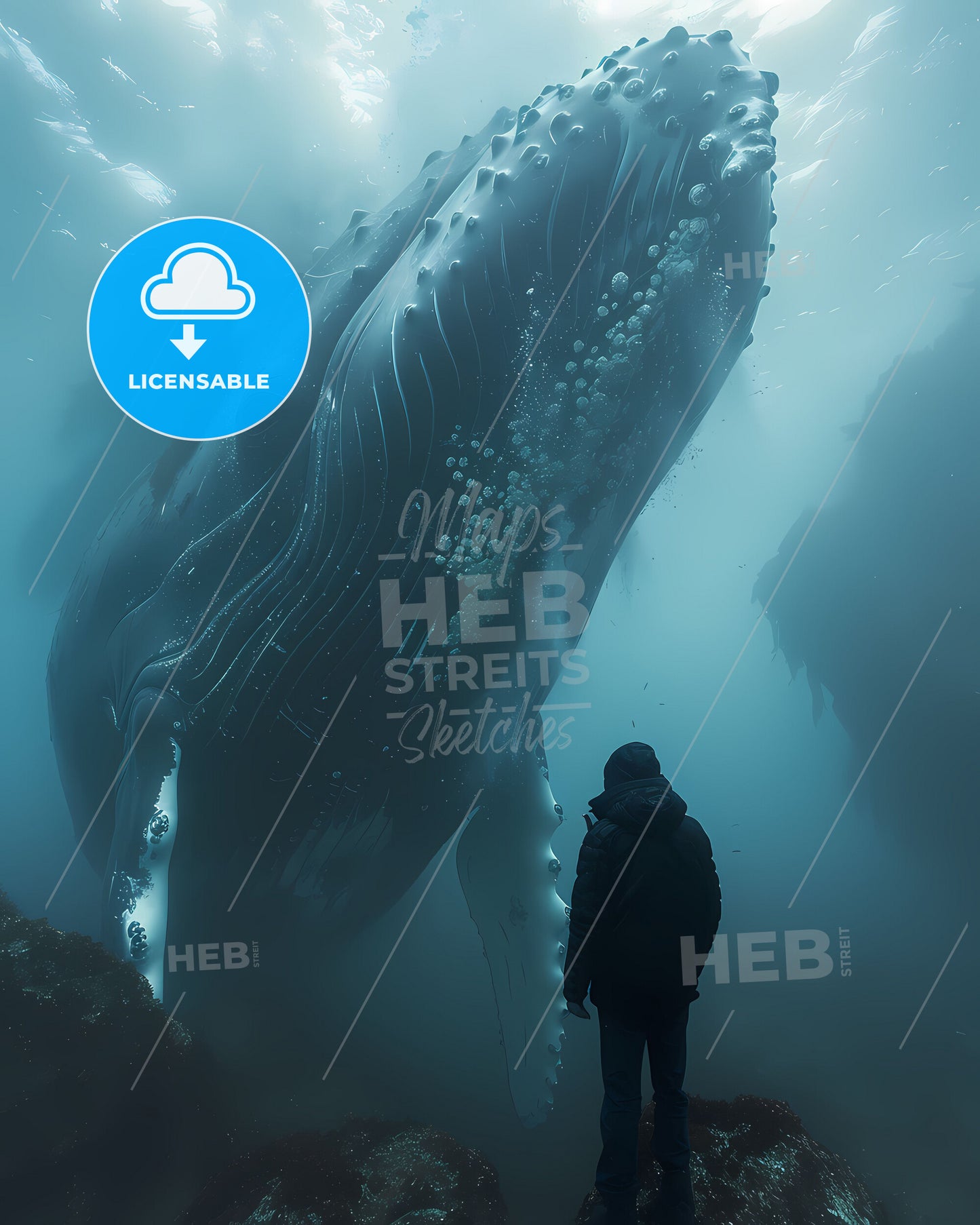 Vibrant underwater painting of a majestic humpback whale and a human figure showcasing the power of nature and art