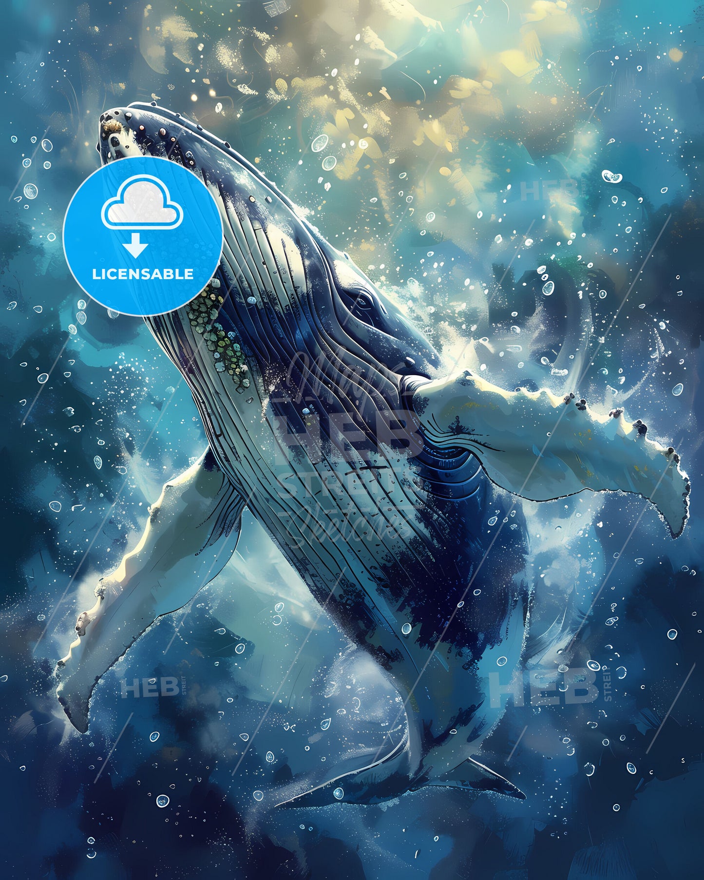 Unbelievable stunning underwater art illustration of swimming humpback whale, a focus on the artistic aspect, vibrant colors, painting style