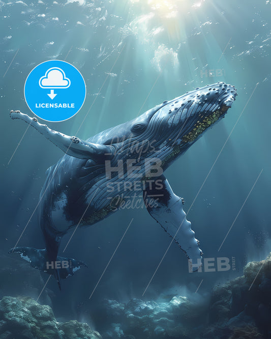 Underwater Art: Captivating Digital Painting of a Majestic Humpback Whale Swimming