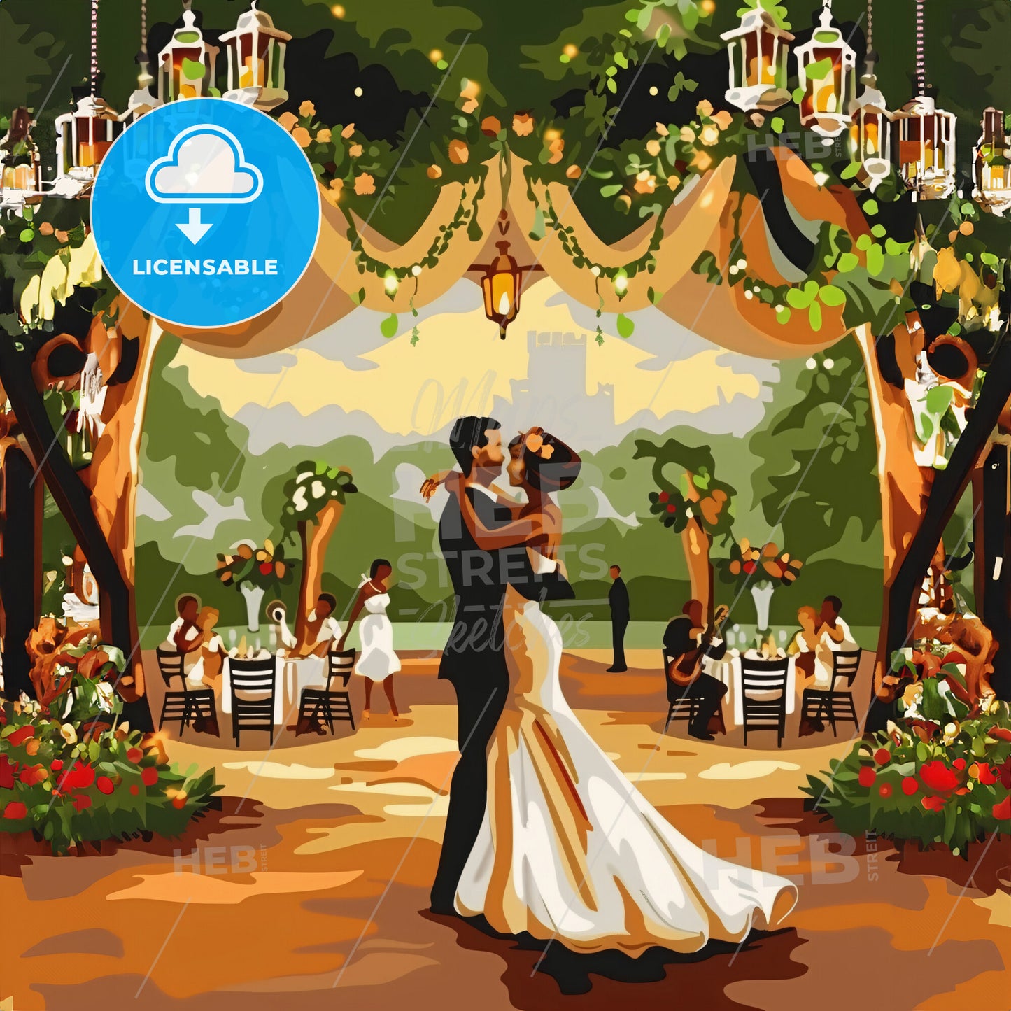A Painting Of A Couple Dancing Under A Canopy Of Flowers