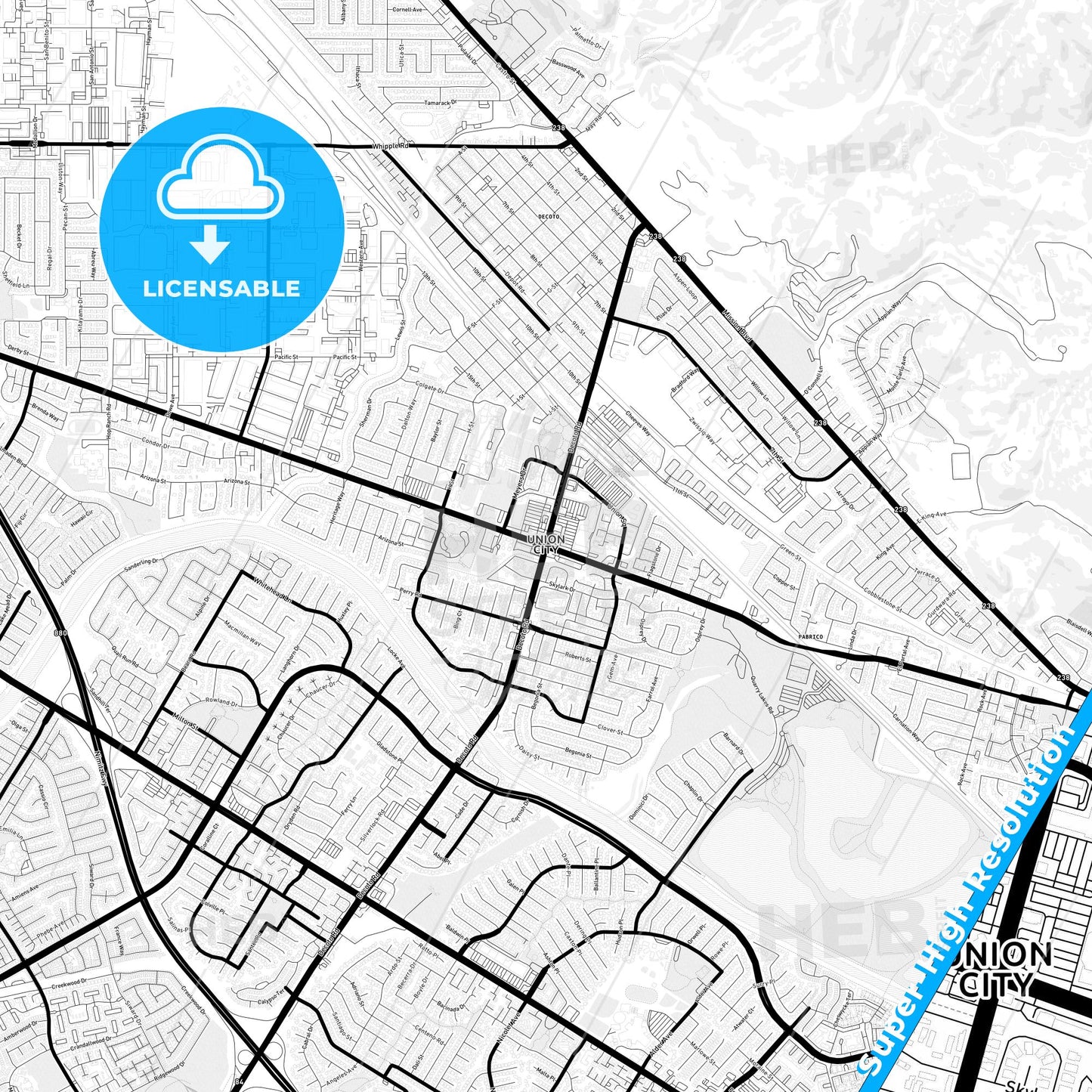Union City, California Light Map with Street Names, City Names, and Districts