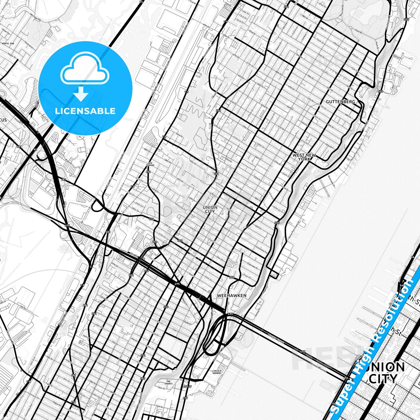 Union City, New Jersey Light Map with Street Names, City Names, and Districts