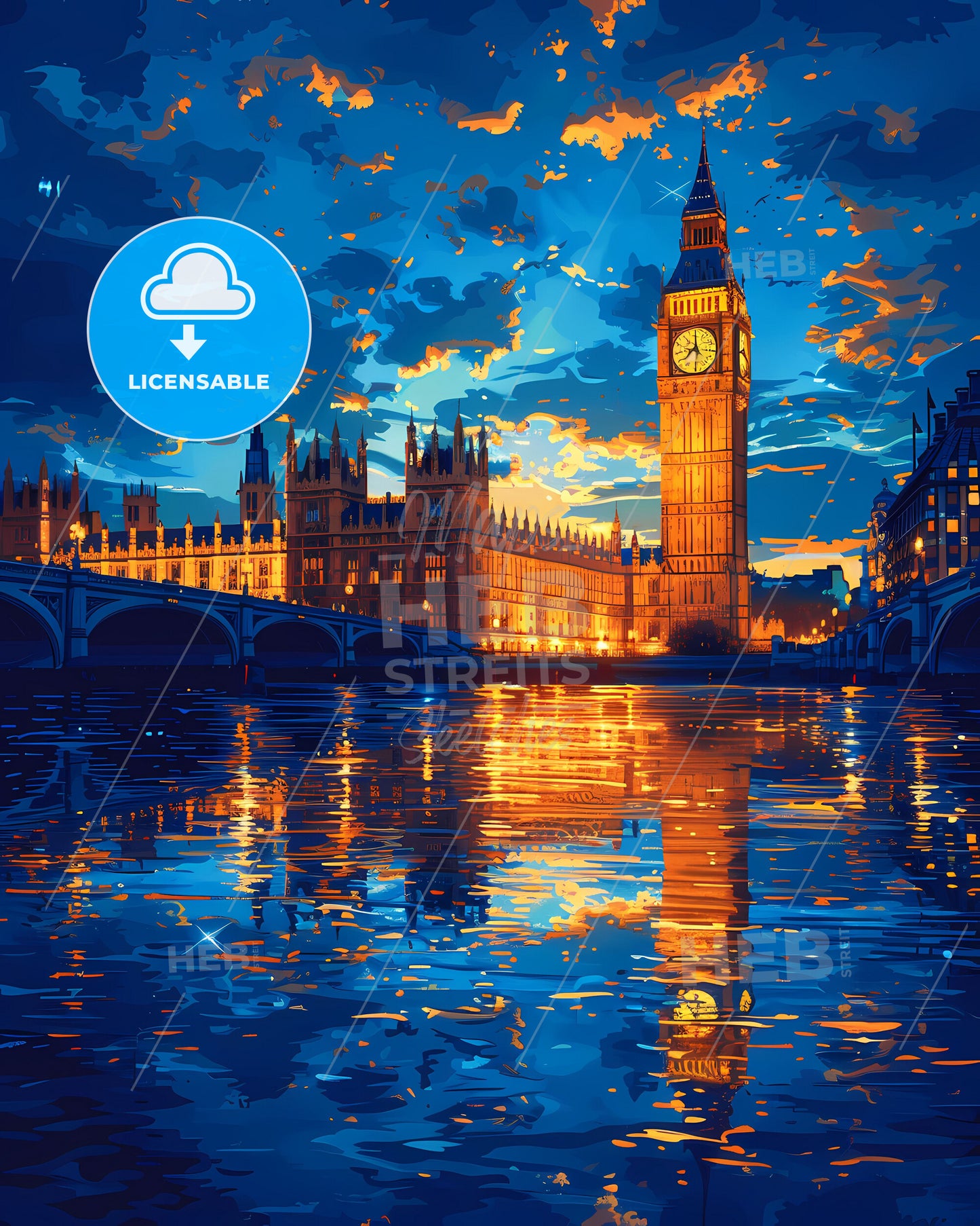 Vibrant Art Depicting Clock Tower in Bustling European City