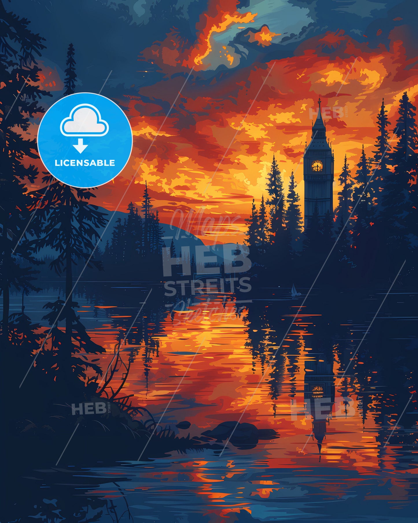 Colorful Sunset Over Serene Lake with Clock Tower, Painted Art