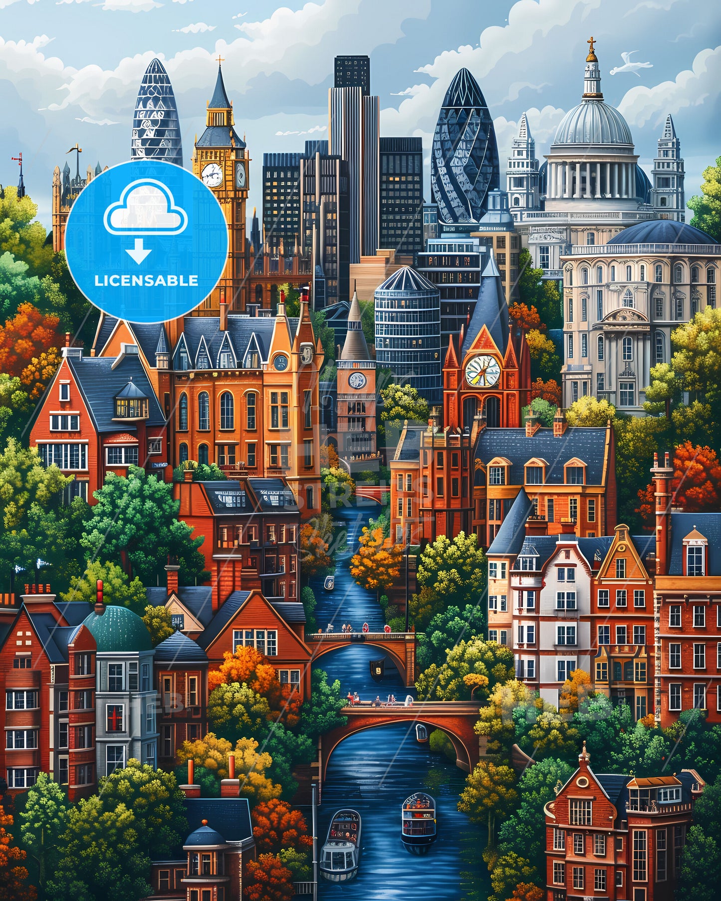 Cityscape Painting of a Vibrant European Metropolis with Buildings and a River