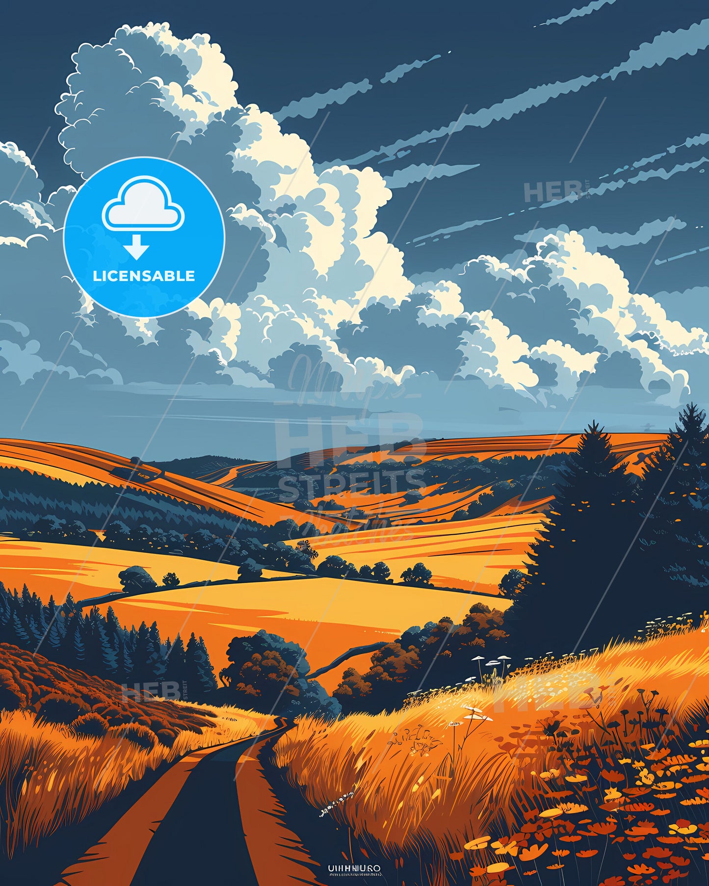 Vibrant Landscape Painting Depicting Pastoral Scene of United Kingdom Fields, Trees, and European Countryside