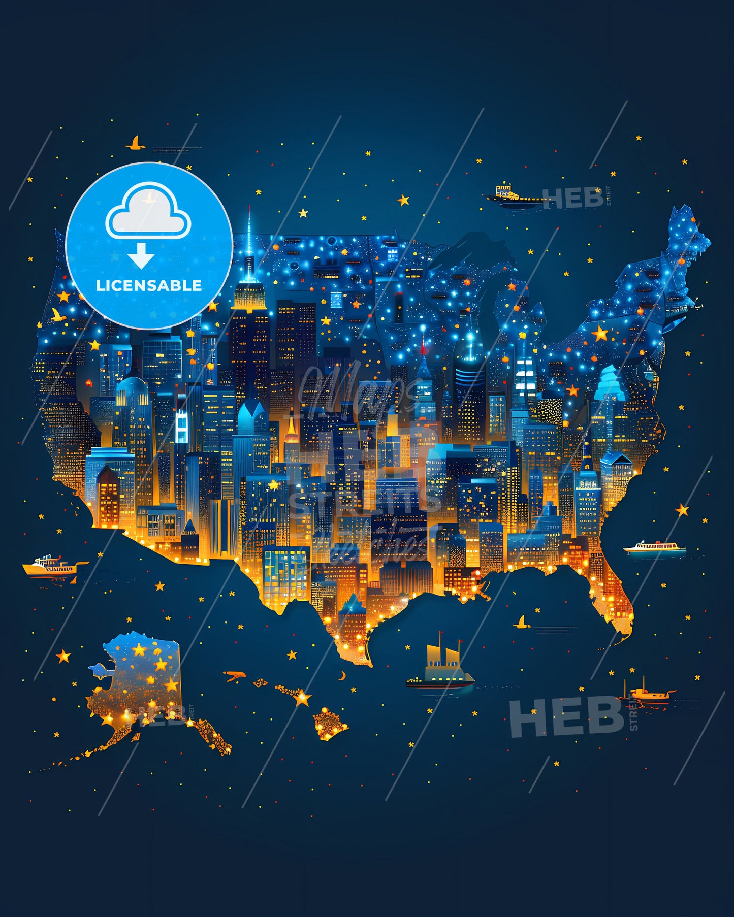 Abstract Painting of the United States with Buildings and Ships in North America