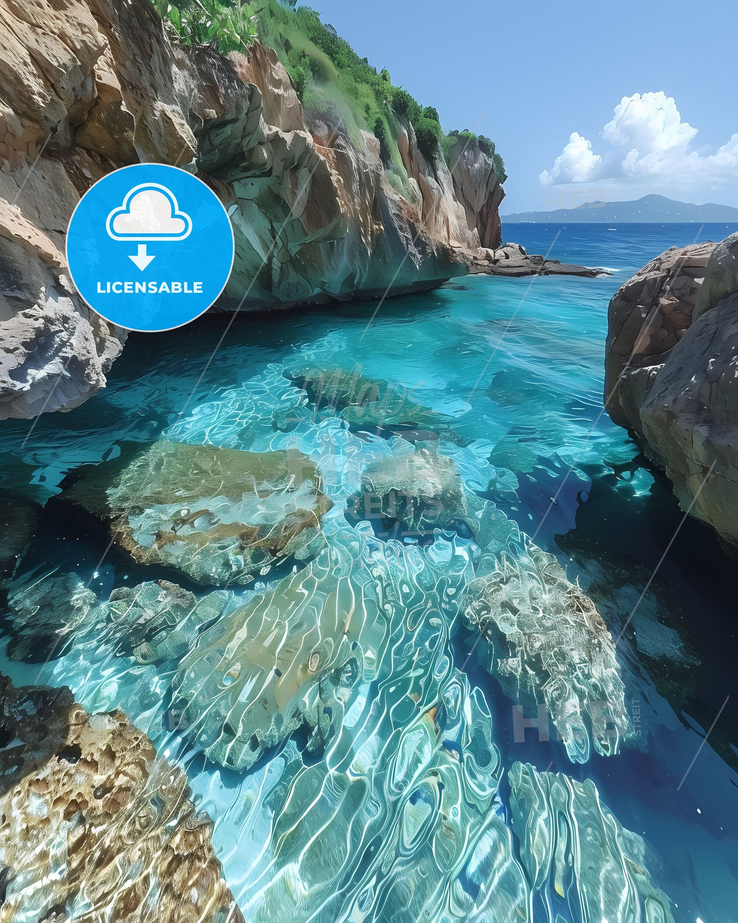 Vibrant Rocky Cliffs and Azure Waters Artwork, United States Virgin Islands, Caribbean