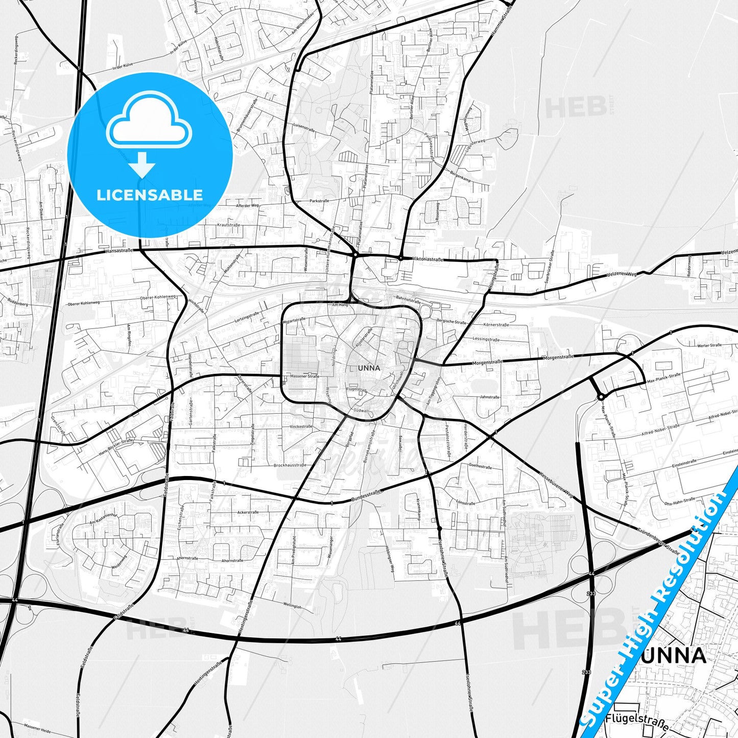 Unna, Germany Light Map with Street Names, City Names, and Districts