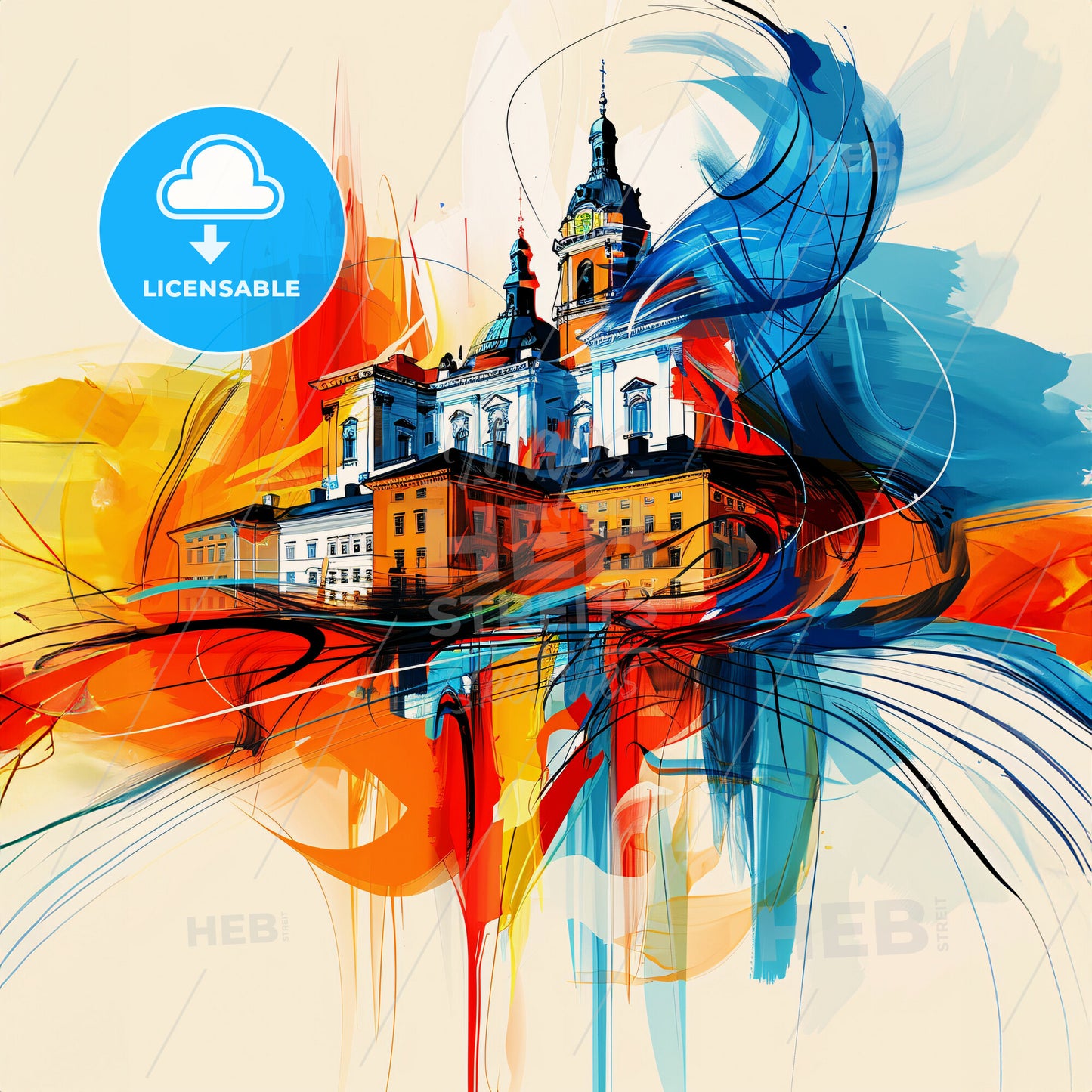 Vibrant Uppföller Väsby, Sweden - A Painting Of A Building With Colorful Paint Splashes