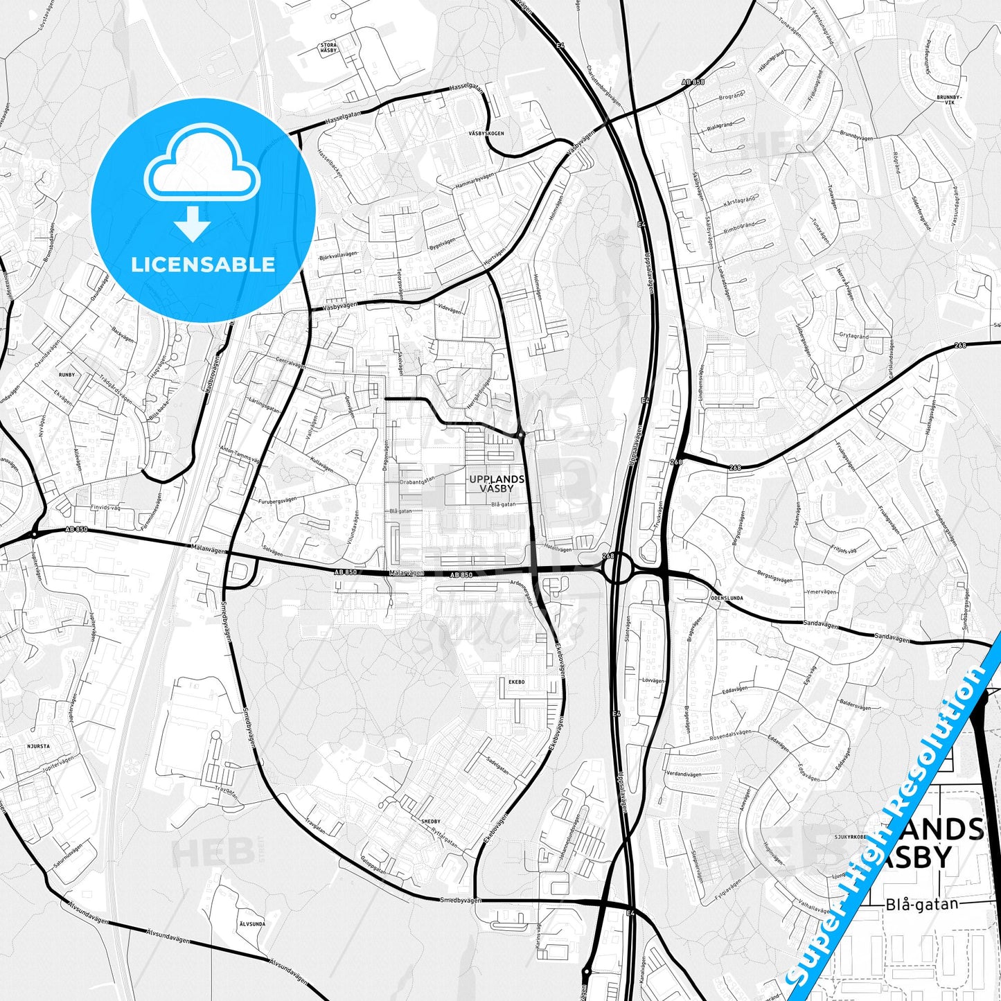 Upplands Väsby, Sweden Light Map with Street Names, City Names, and Districts
