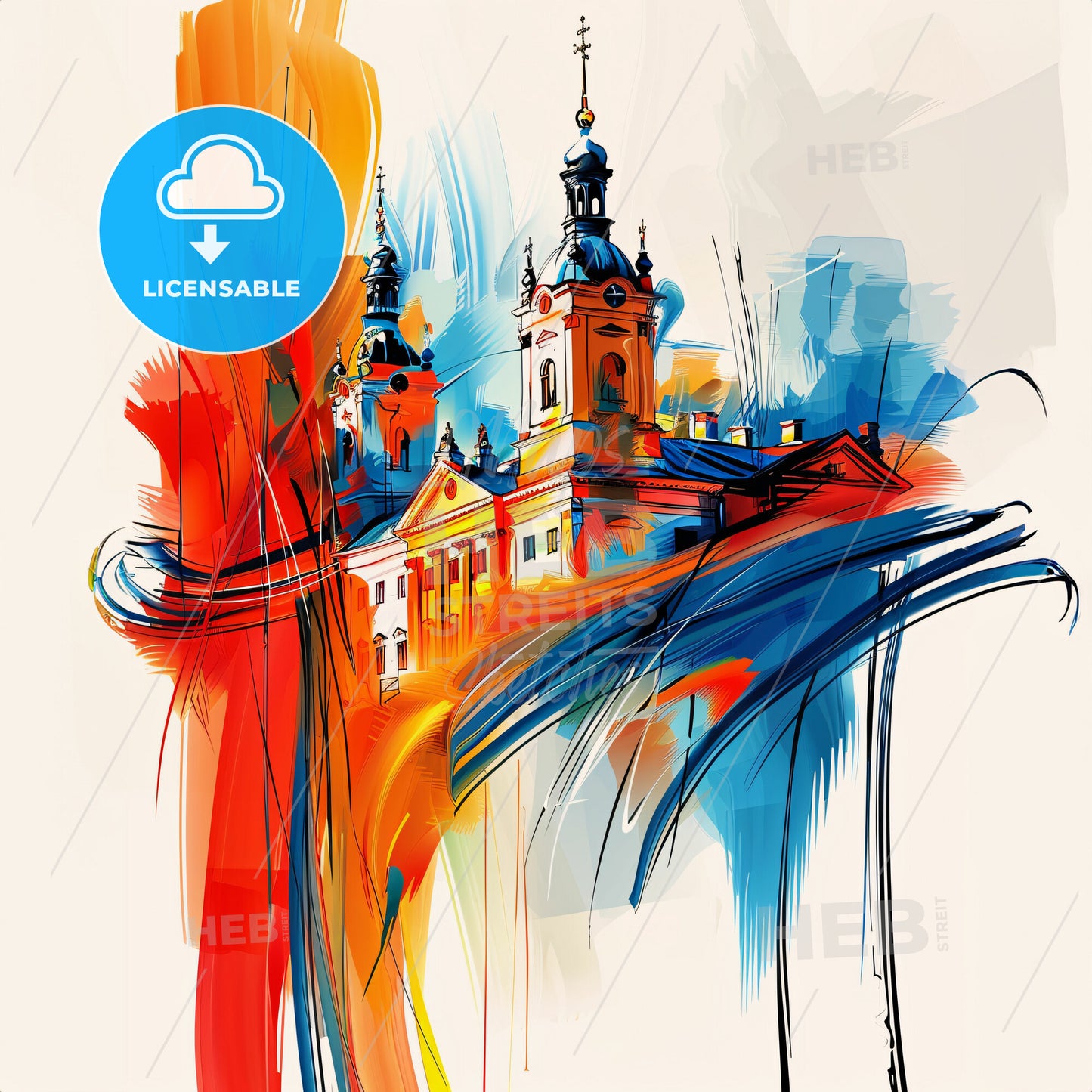 Vibrant Uppsala, Sweden - A Painting Of A Building With A Tower And A Spire