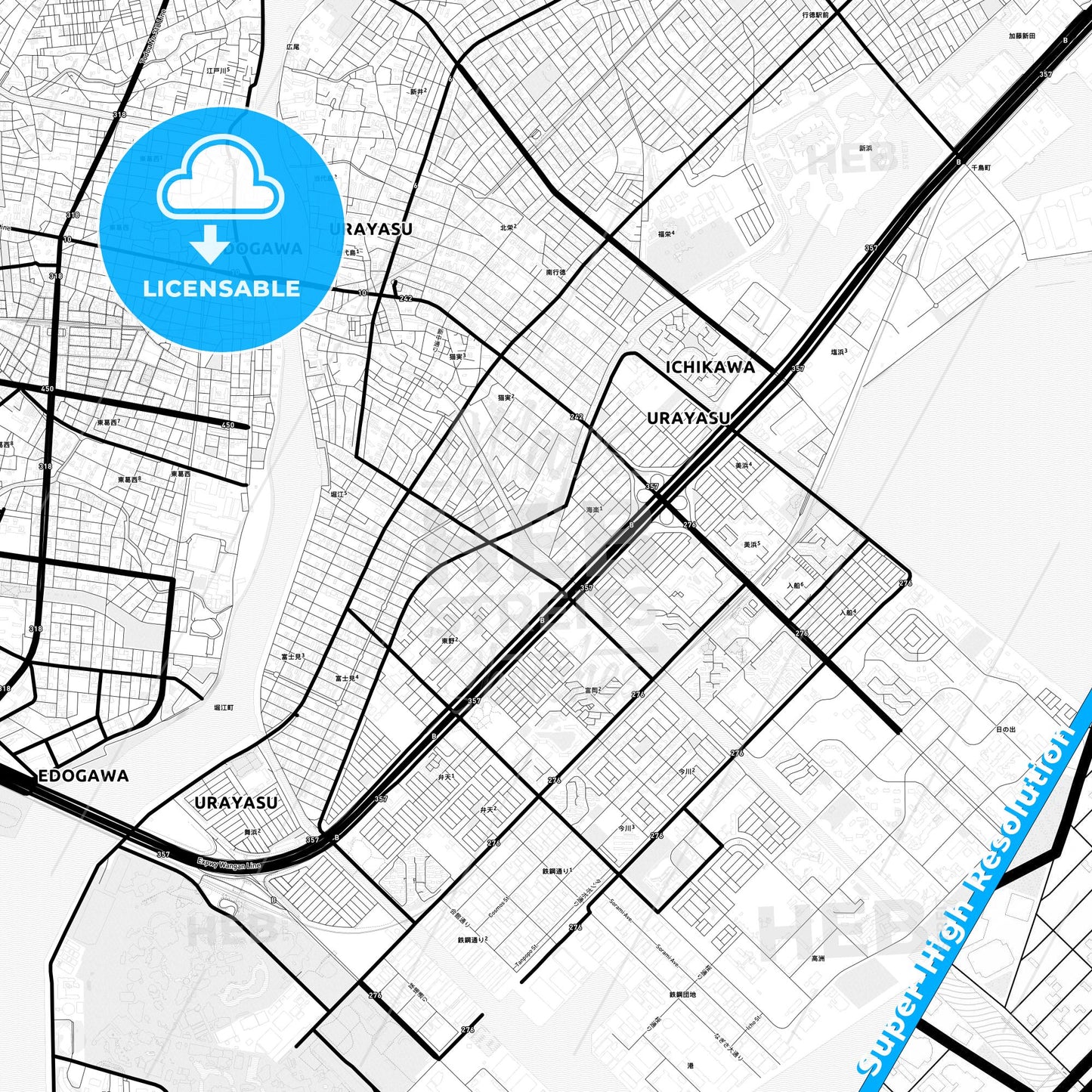 Urayasu, Japan Light Map with Street Names, City Names, and Districts