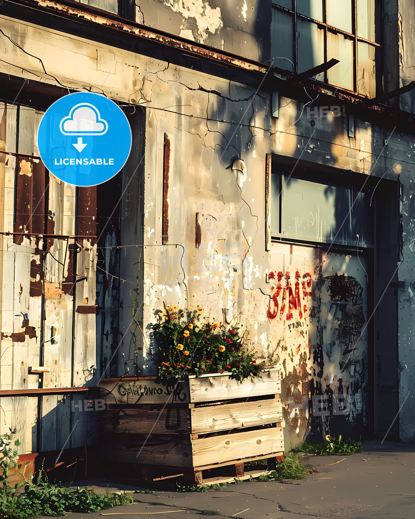 Vibrant Urban Still Life: Wooden Crates with Flowers Against a Cityscape