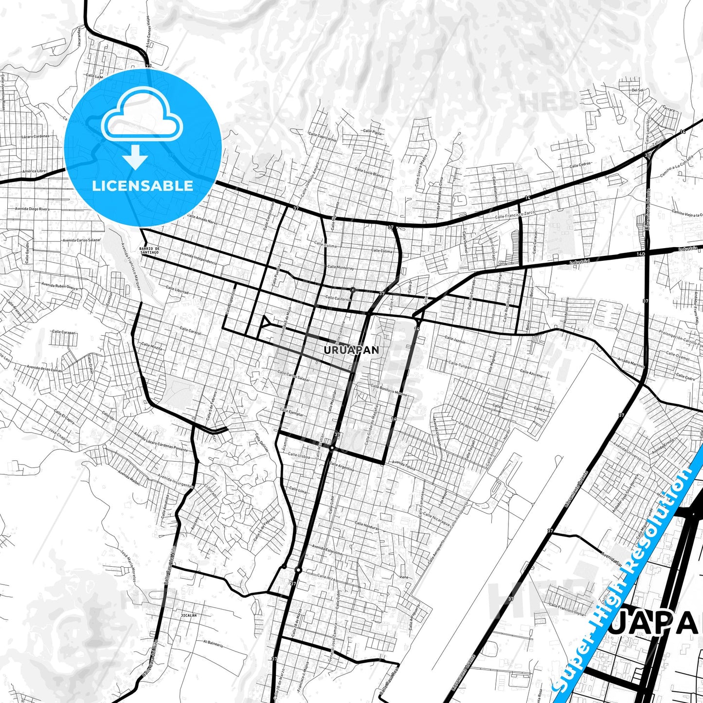 Uruapan, Mexico Light Map with Street Names, City Names, and Districts