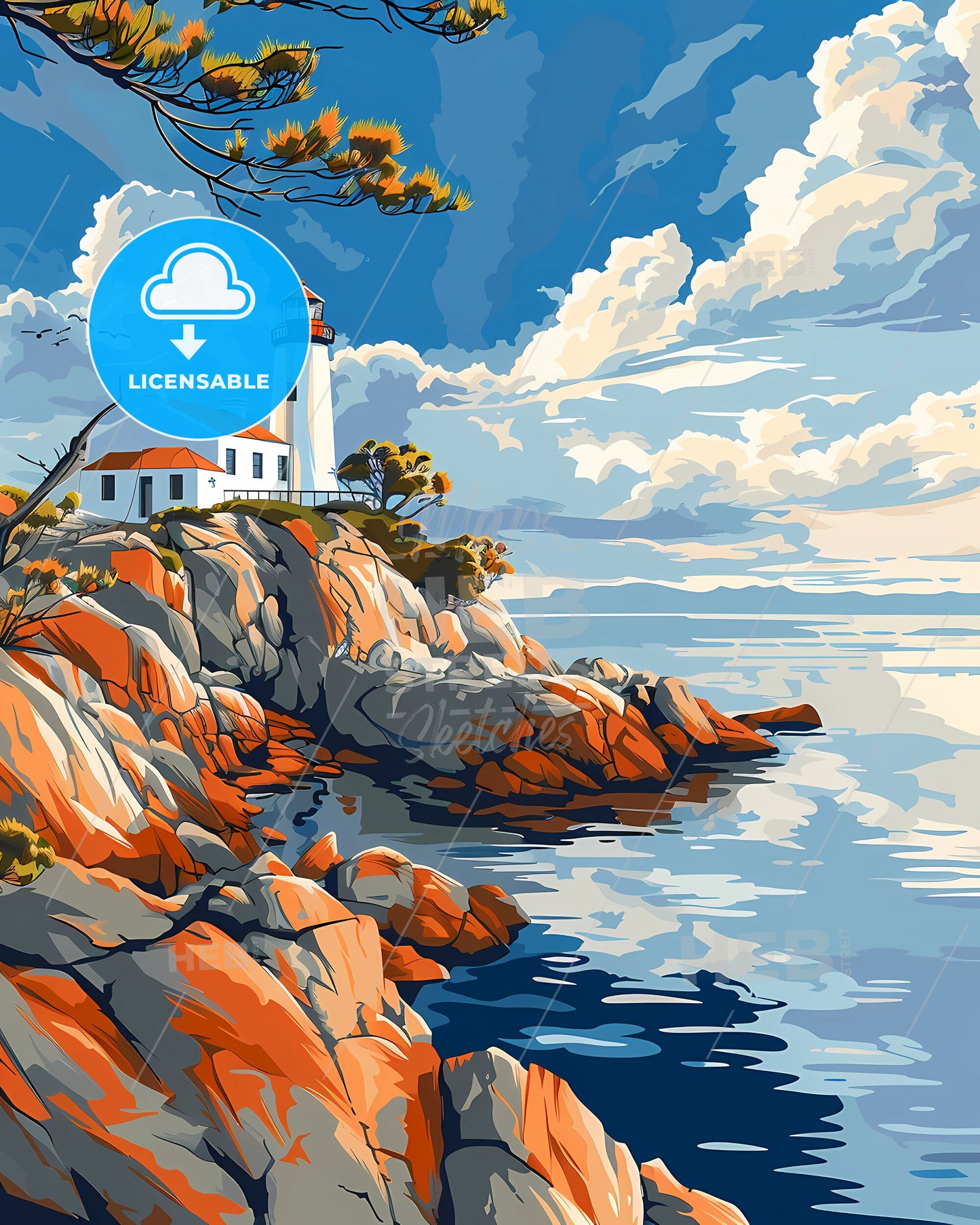 Vibrant Artistic Uruguay South American Lighthouse Rocky Cliff Painting