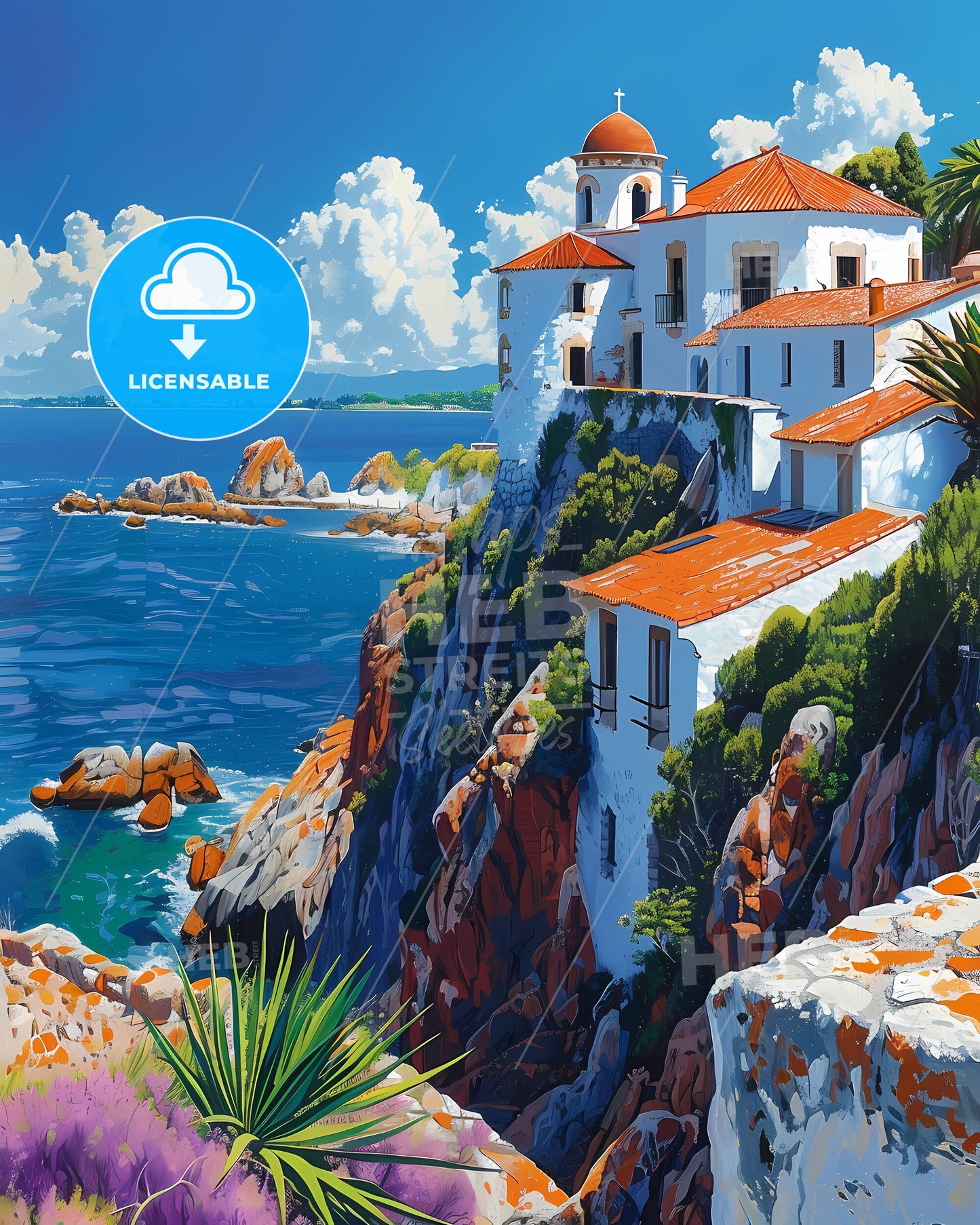 Vibrant Uruguay Painting: White Clifftop Building by South American Ocean