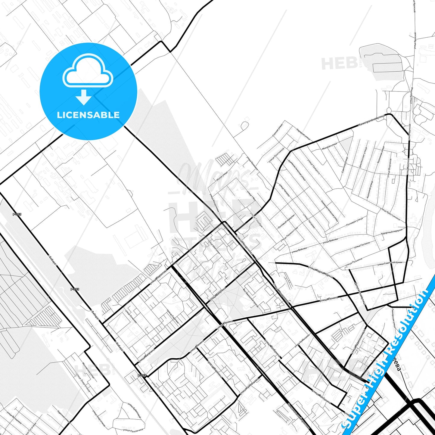 Usolye-Sibirskoye, Russia Light Map with Street Names, City Names, and Districts
