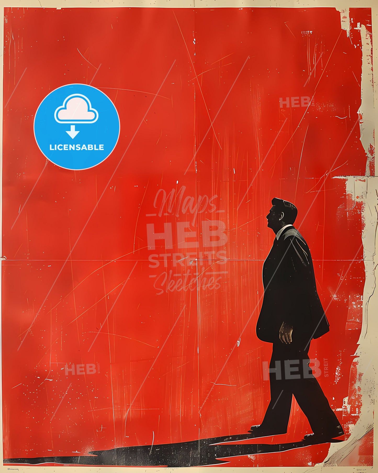 Modern art painting, red wall poster, propaganda style, walking man, abstract, expressive, acrylic, canvas