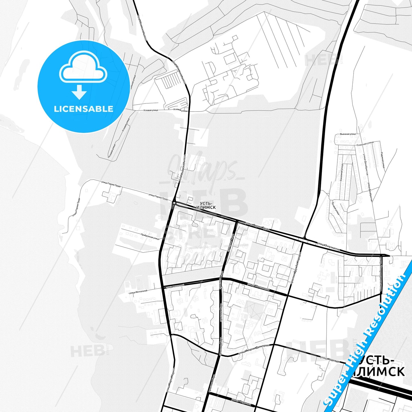 Ust-Ilimsk, Russia Light Map with Street Names, City Names, and Districts