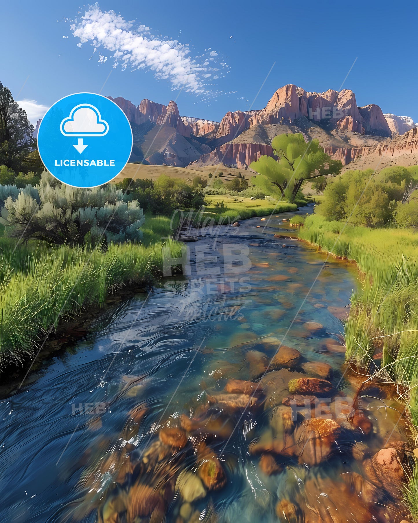 Fine art painting, vibrant Utah valley landscape with river, tall grass, and mountains