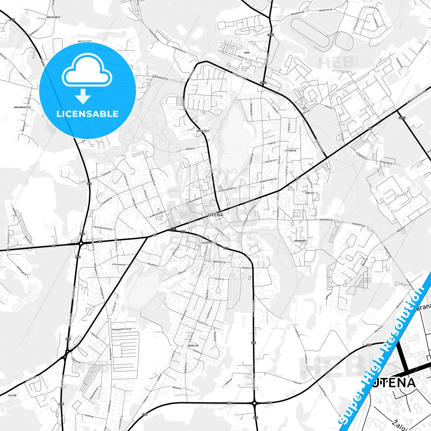 Utena, Lithuania Light Map with Street Names, City Names, and Districts
