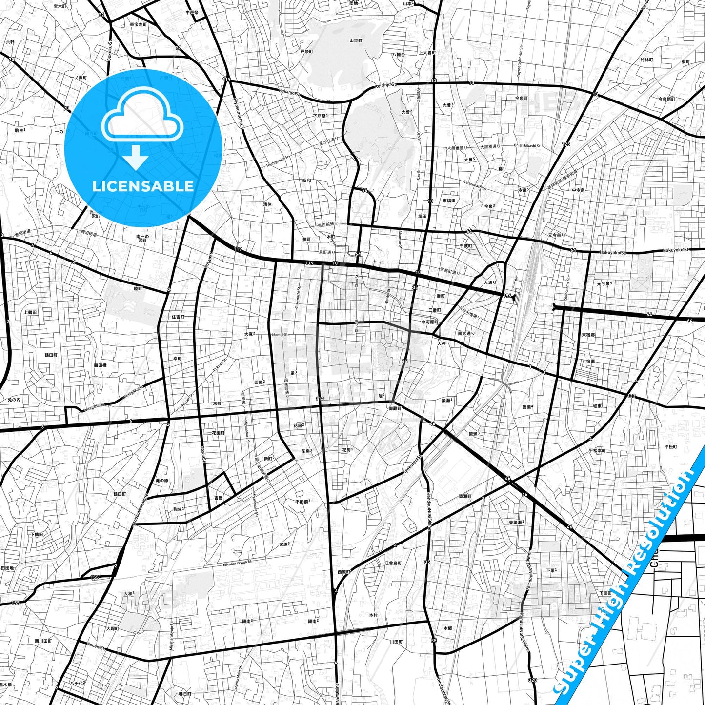 Utsunomiya, Japan Light Map with Street Names, City Names, and Districts