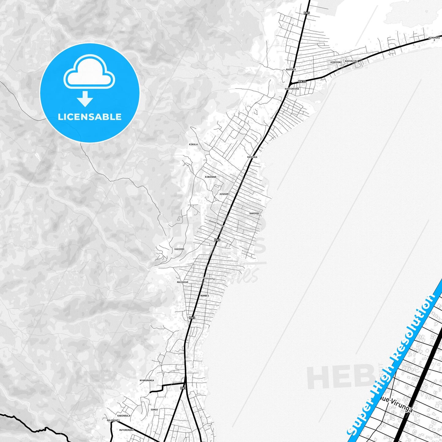 Uvira, DR Congo Light Map with Street Names, City Names, and Districts