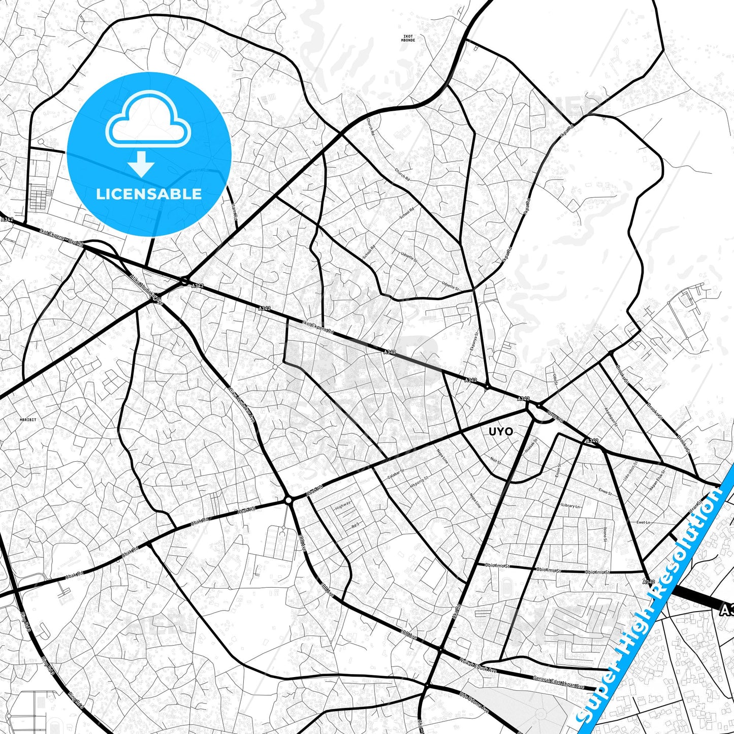 Uyo, Nigeria Light Map with Street Names, City Names, and Districts