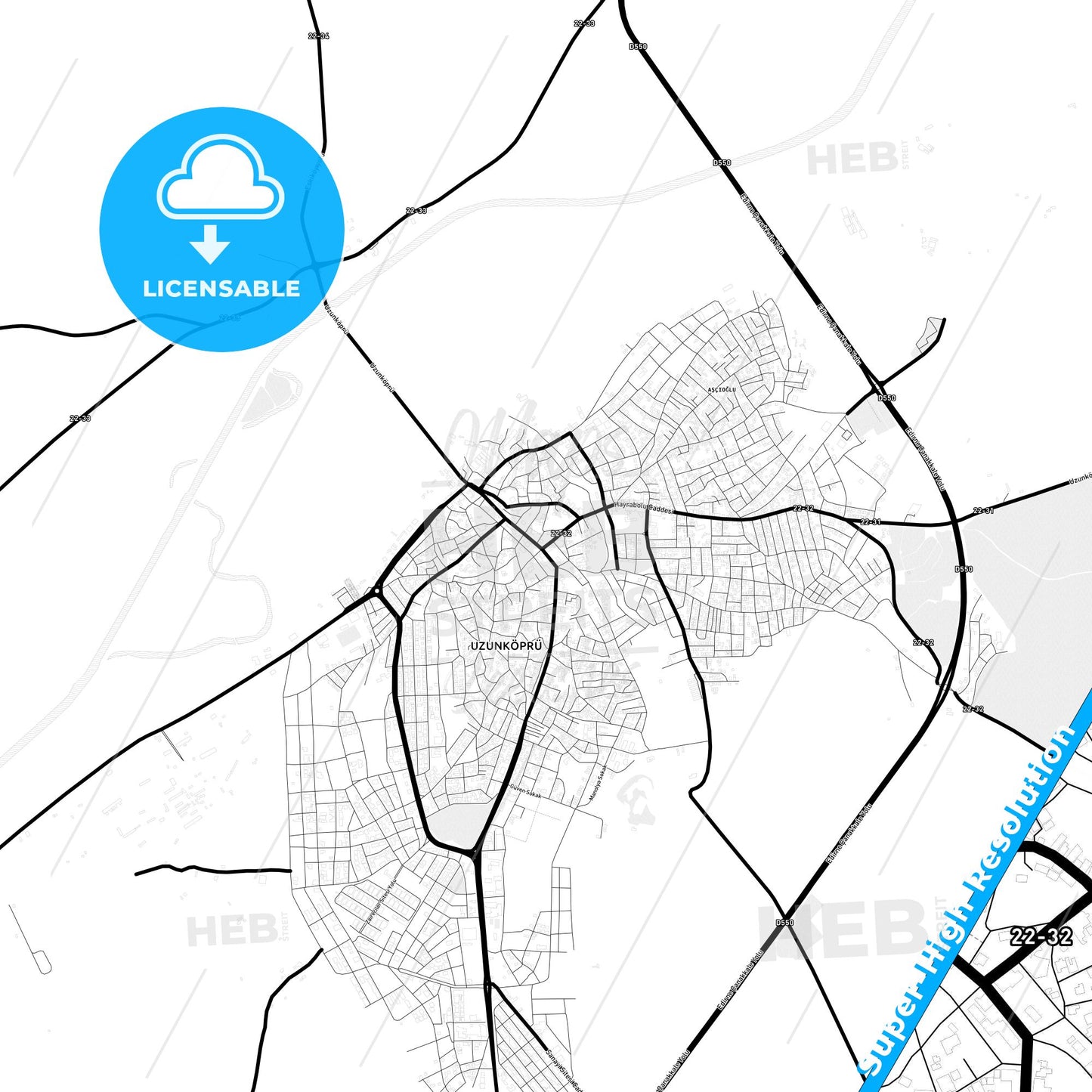 Uzunköprü, Turkey Light Map with Street Names, City Names, and Districts