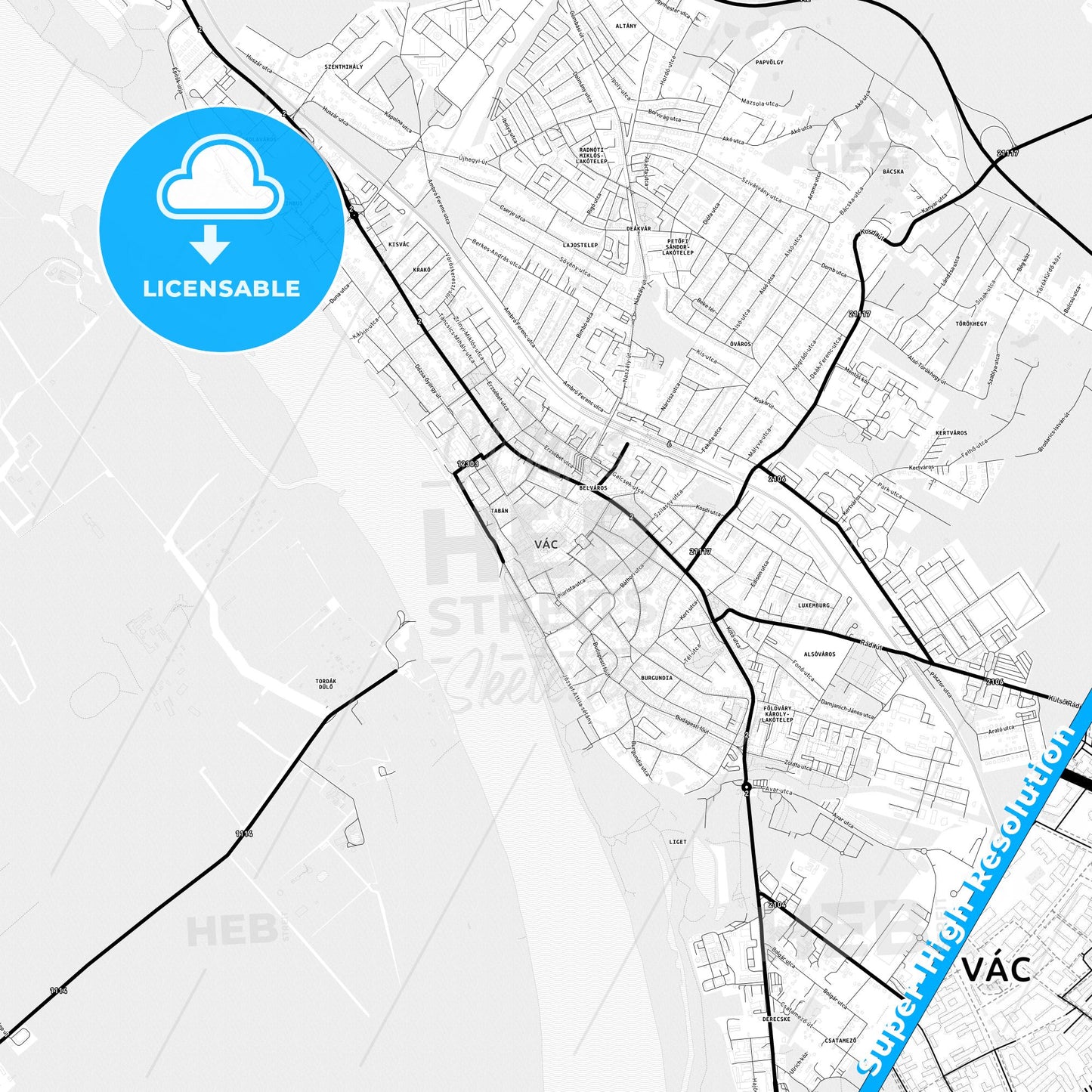 Vác, Hungary Light Map with Street Names, City Names, and Districts