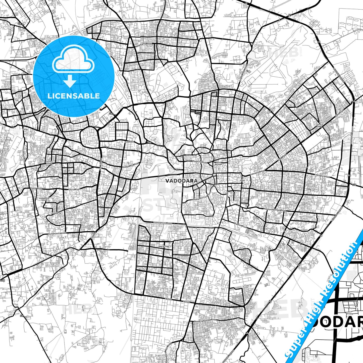 Vadodara, India Light Map with Street Names, City Names, and Districts