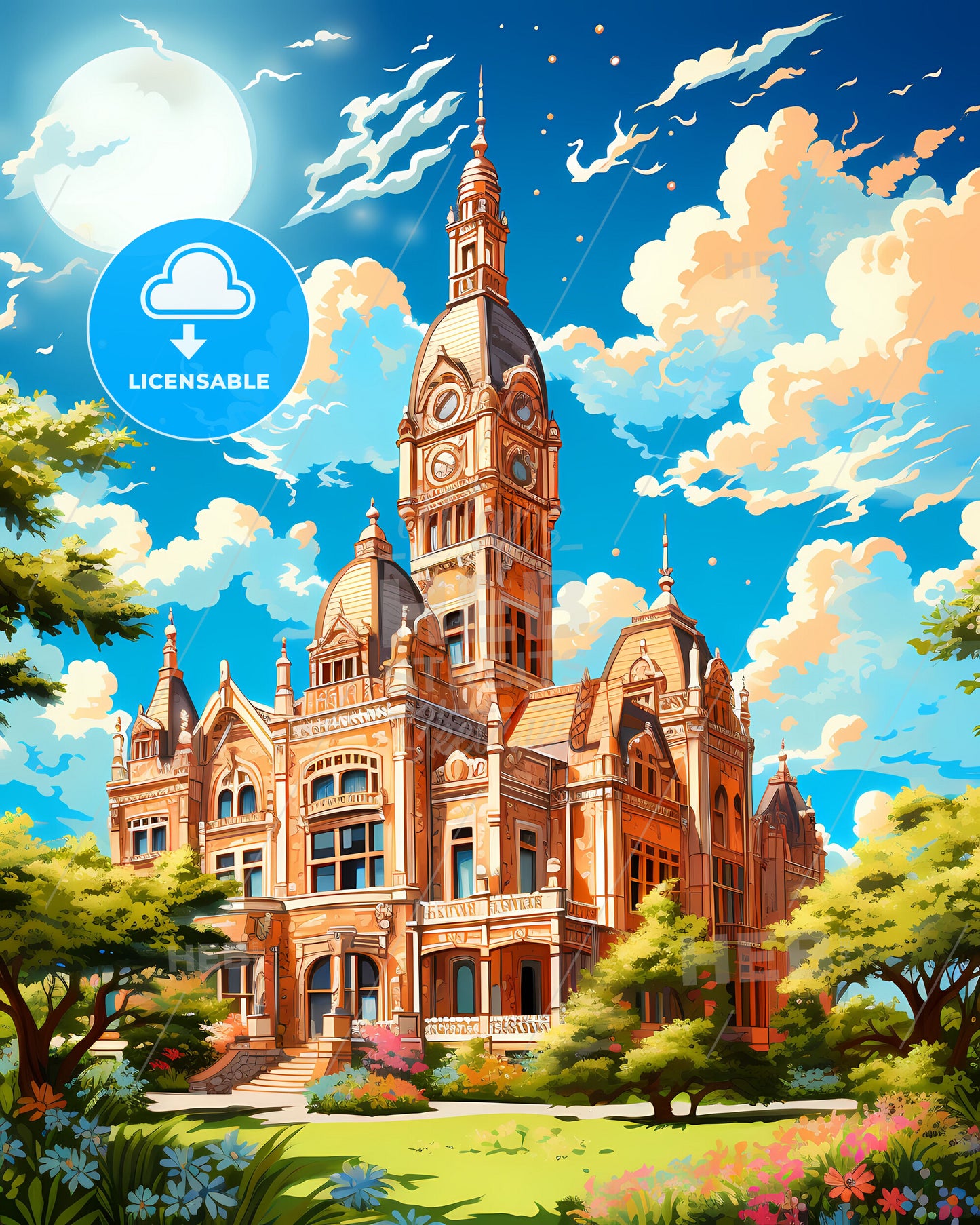 Stunning Cityscape Painting: Vibrant Vadodara Skyline Featuring Monumental Clock Tower in India